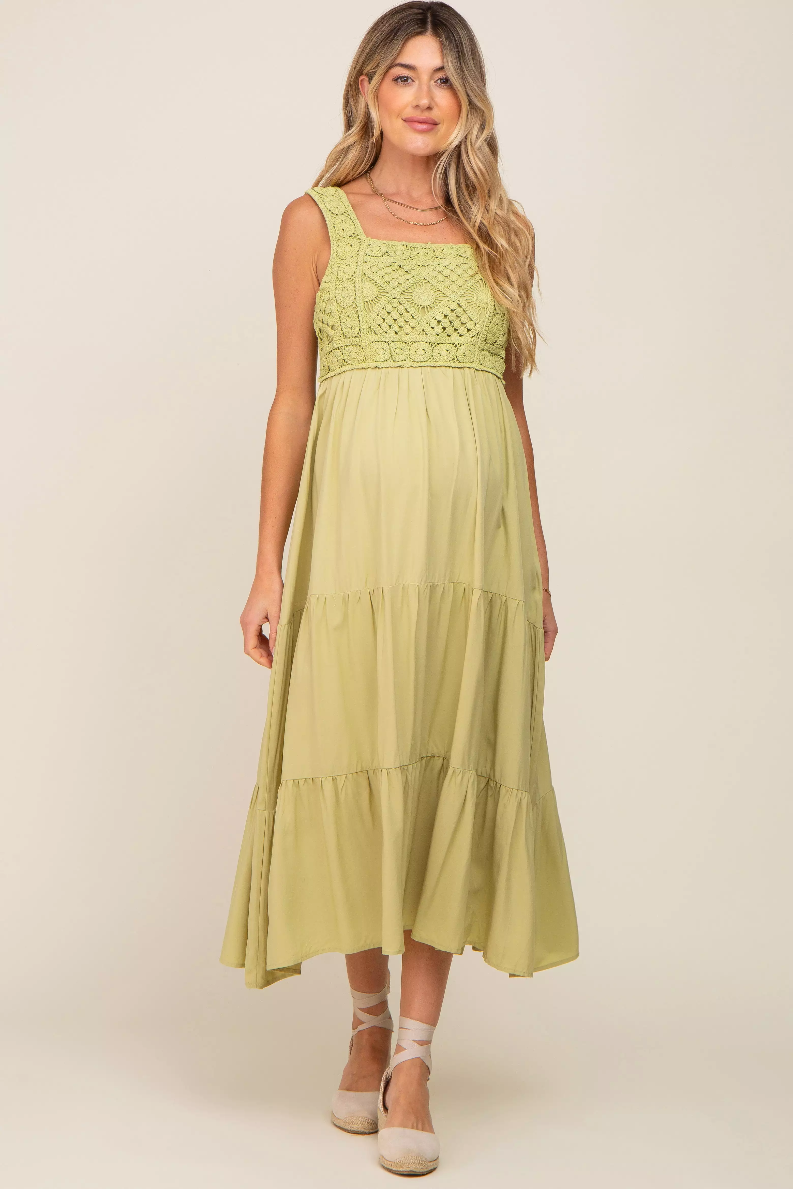 Lime Crochet Tiered Maternity Midi Dress