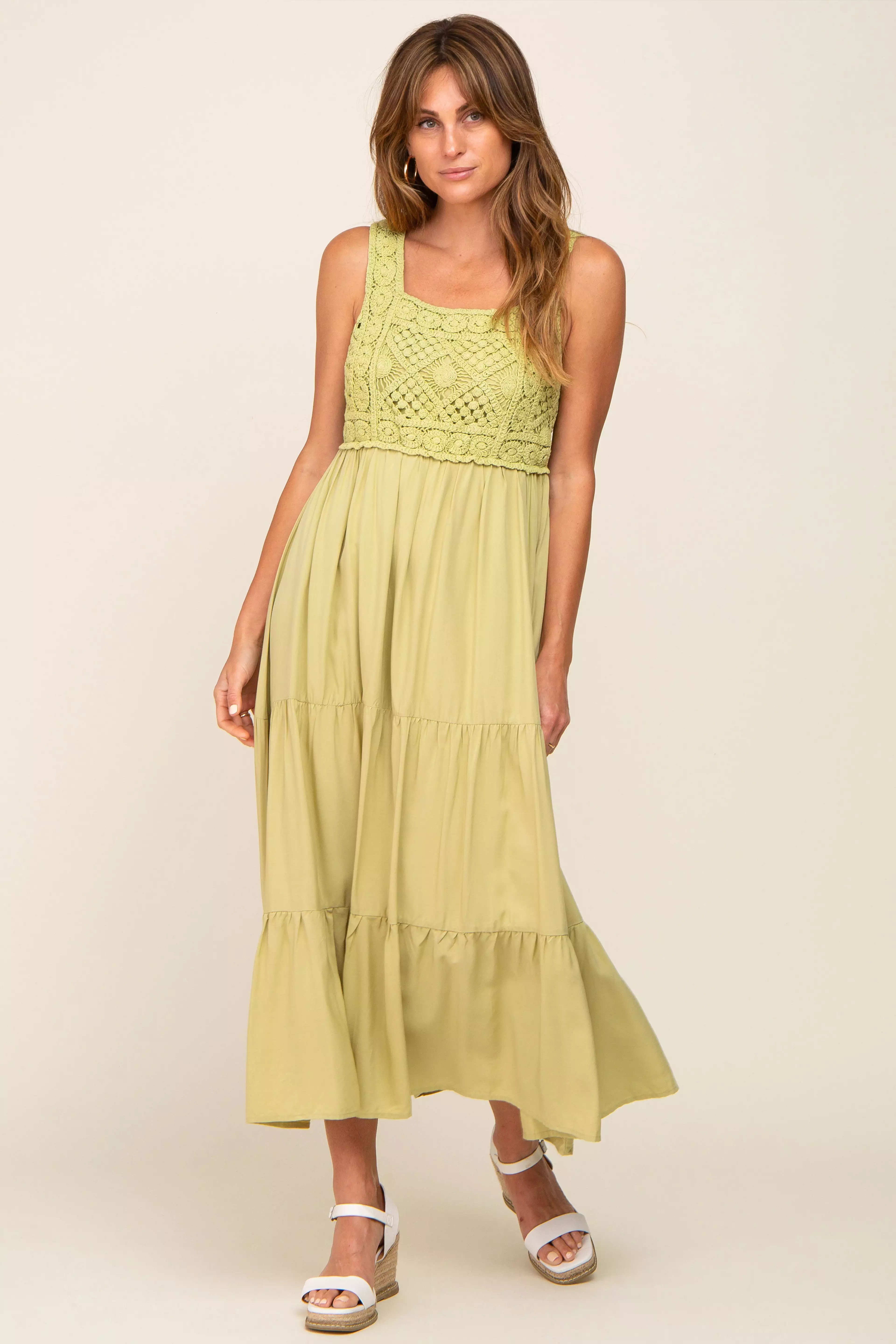 Lime Crochet Tiered Maternity Midi Dress