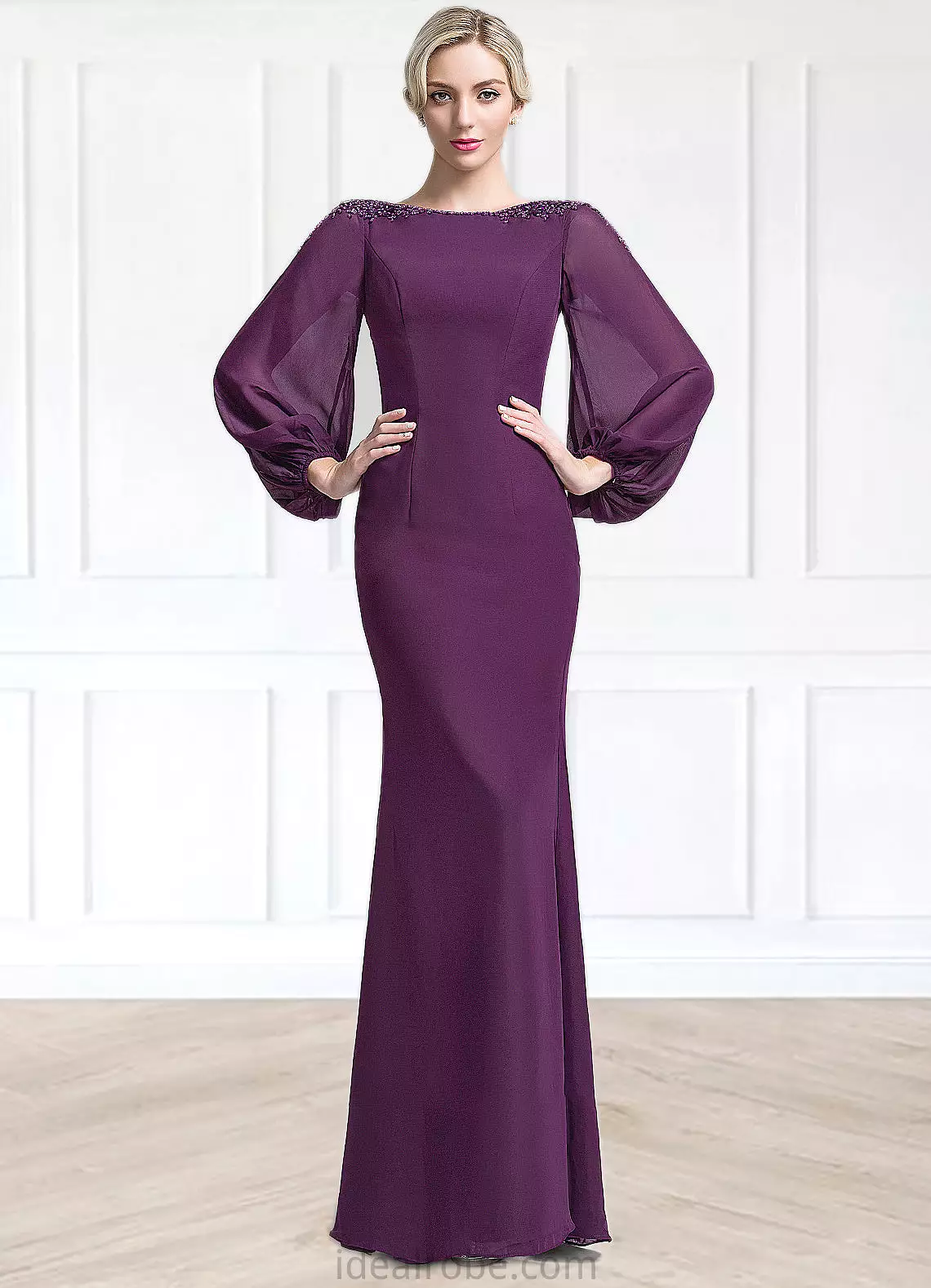 Linda Trumpet/Mermaid Scoop Neck Floor-Length Chiffon Mother of the Bride Dress With Beading Sequins STK126P0014748