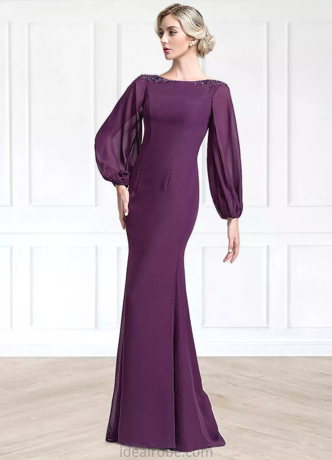 Linda Trumpet/Mermaid Scoop Neck Floor-Length Chiffon Mother of the Bride Dress With Beading Sequins STK126P0014748