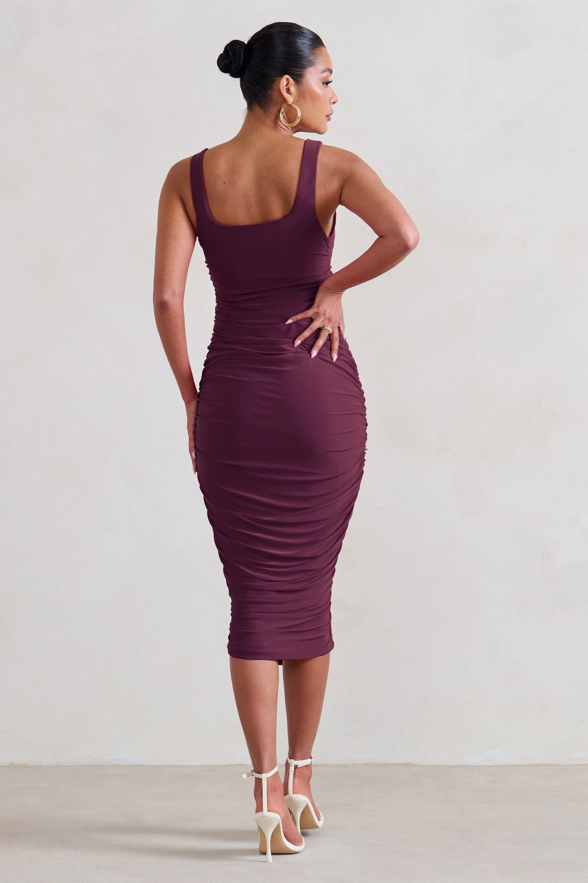 Lisbon | Plum Maternity Square Neck Ruched Midi Dress