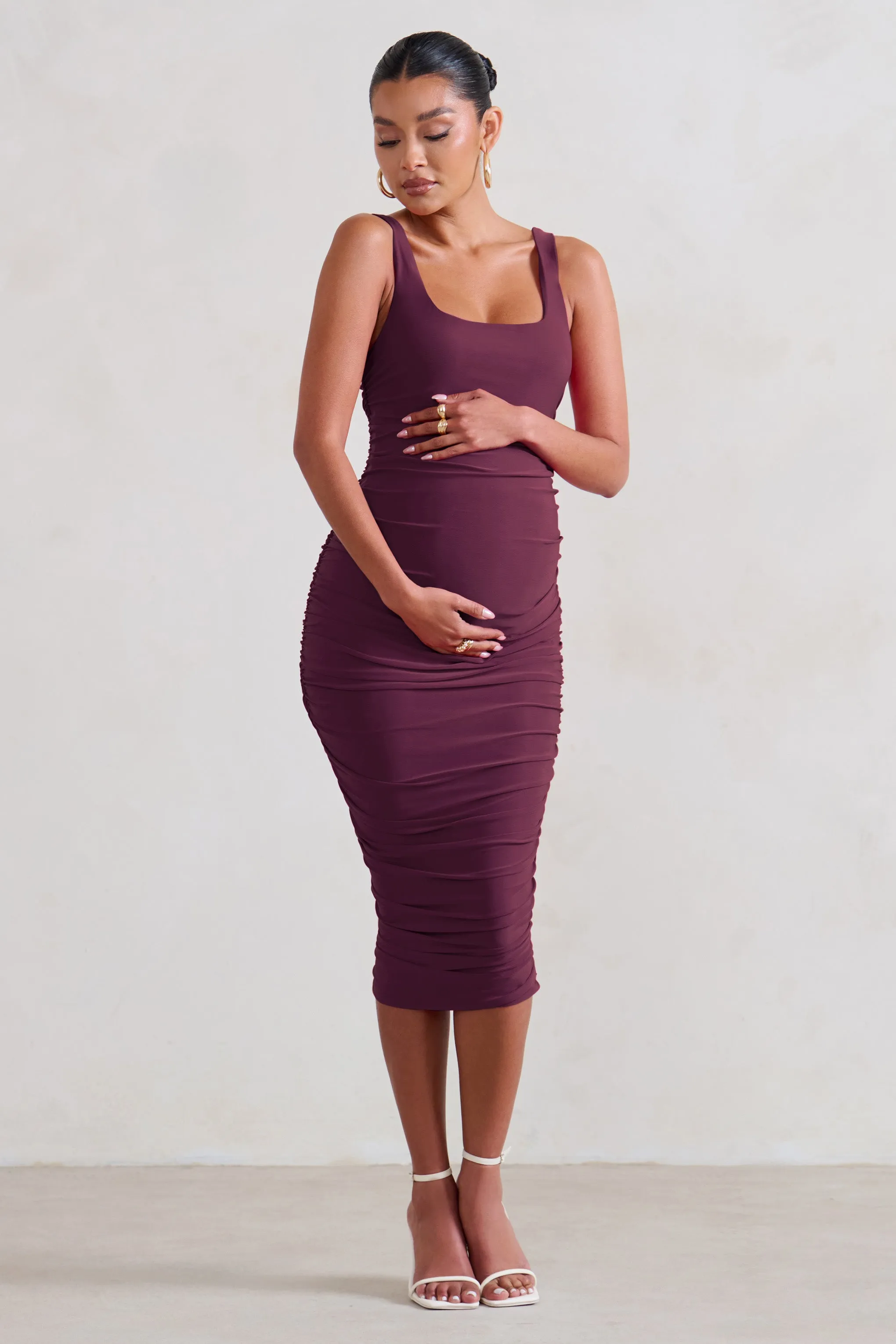 Lisbon | Plum Maternity Square Neck Ruched Midi Dress