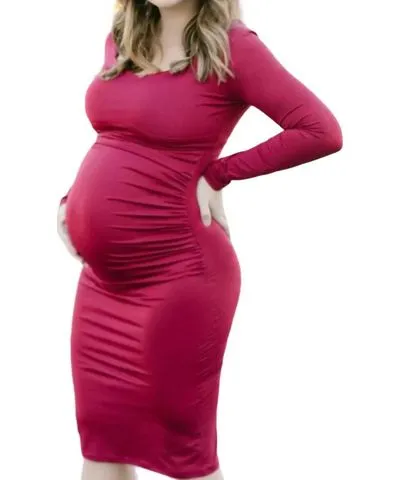 Liv Maternity Ruched Stretch Long-Sleeve Dress In Burgundy