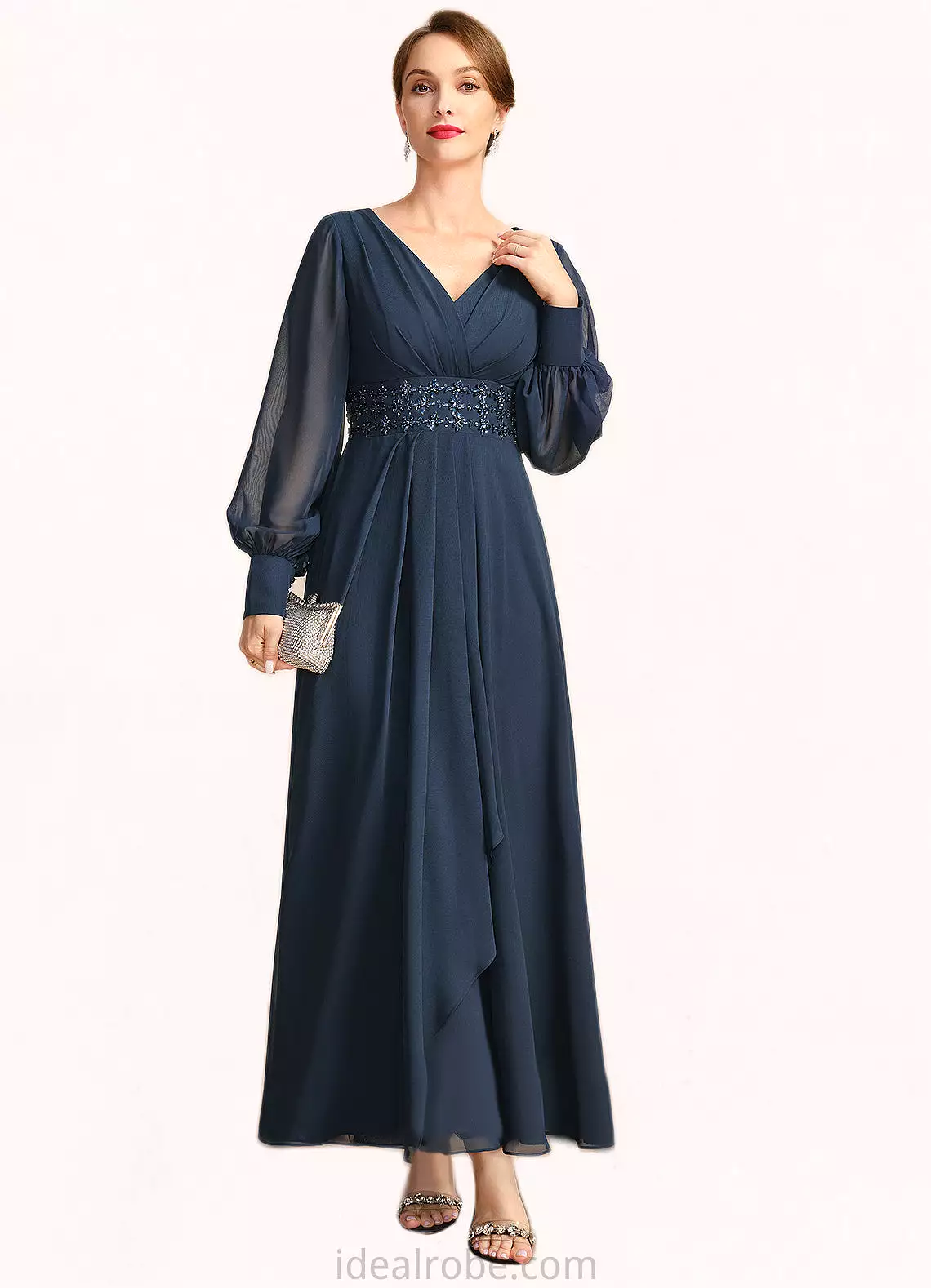 Macy A-line V-Neck Ankle-Length Chiffon Mother of the Bride Dress With Beading Cascading Ruffles Sequins STKP0021698