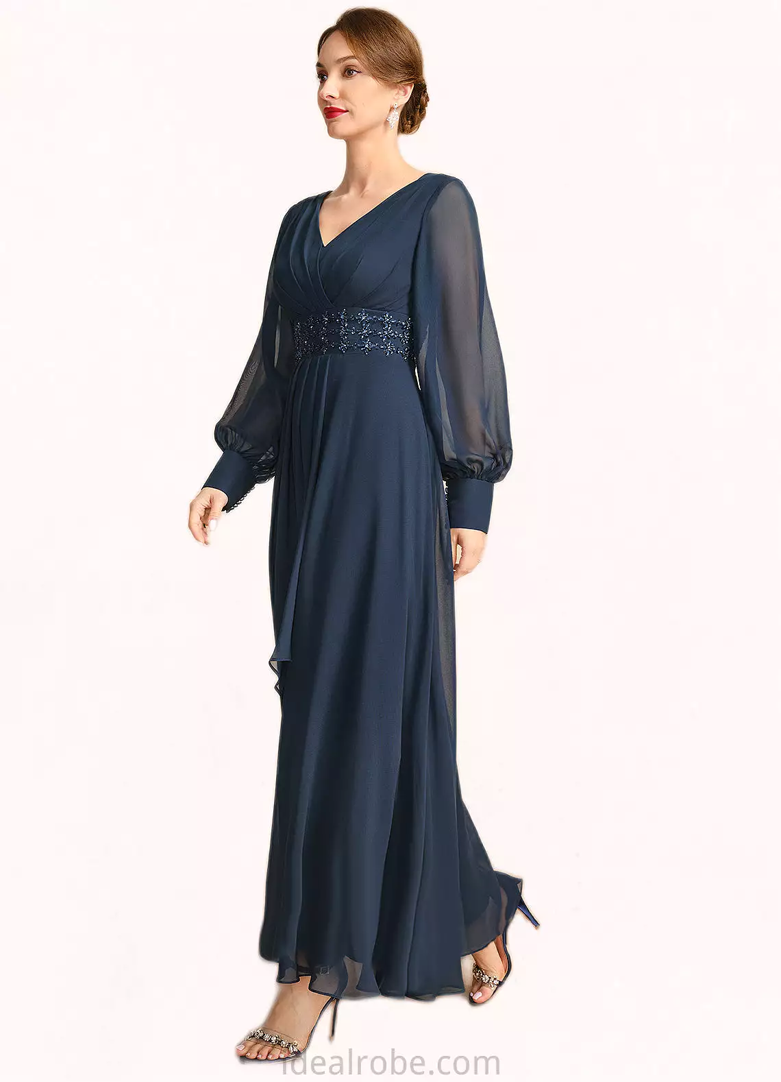 Macy A-line V-Neck Ankle-Length Chiffon Mother of the Bride Dress With Beading Cascading Ruffles Sequins STKP0021698