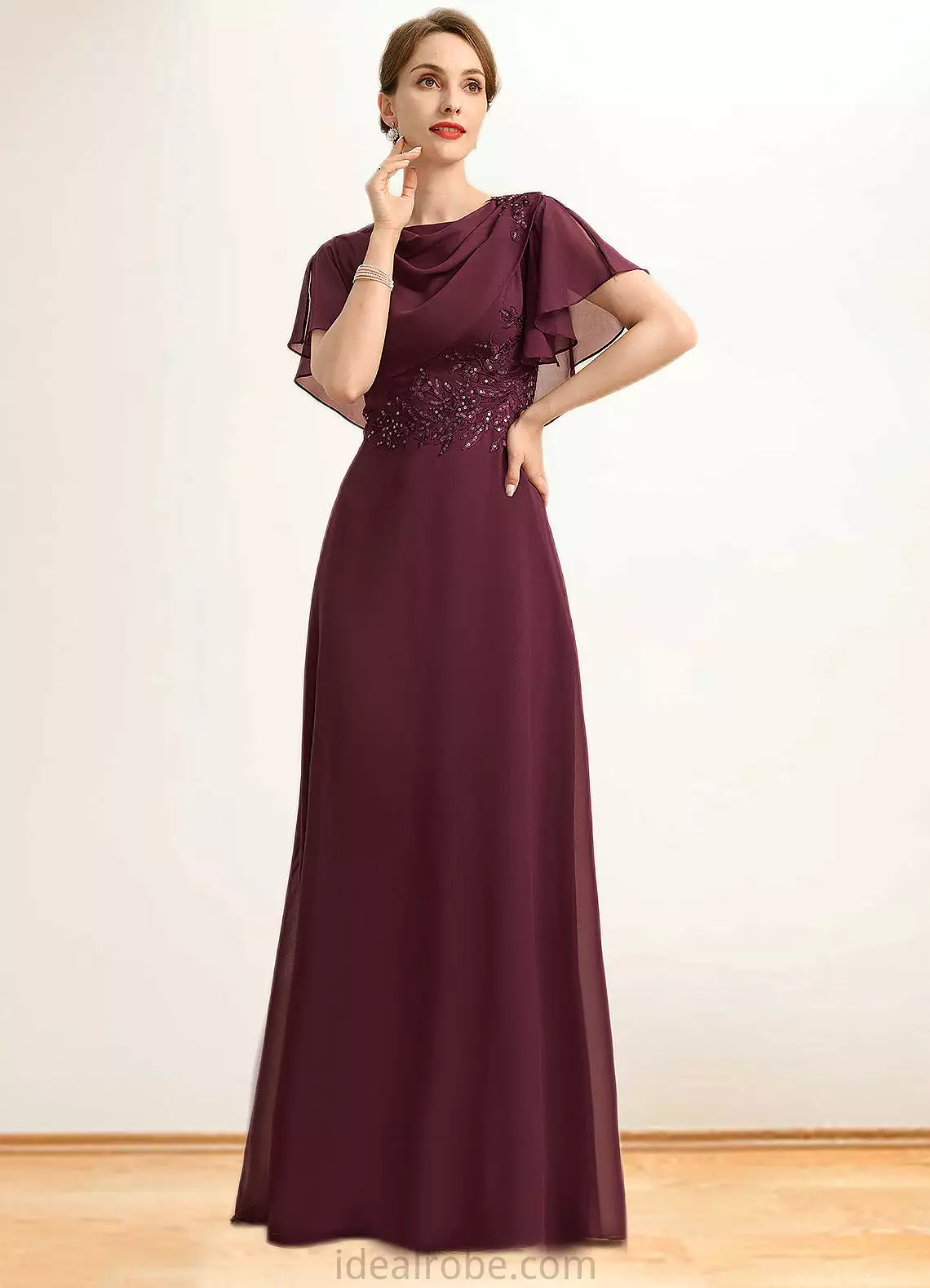 Madalynn A-line Scoop Floor-Length Chiffon Mother of the Bride Dress With Appliques Lace Sequins STKP0021707