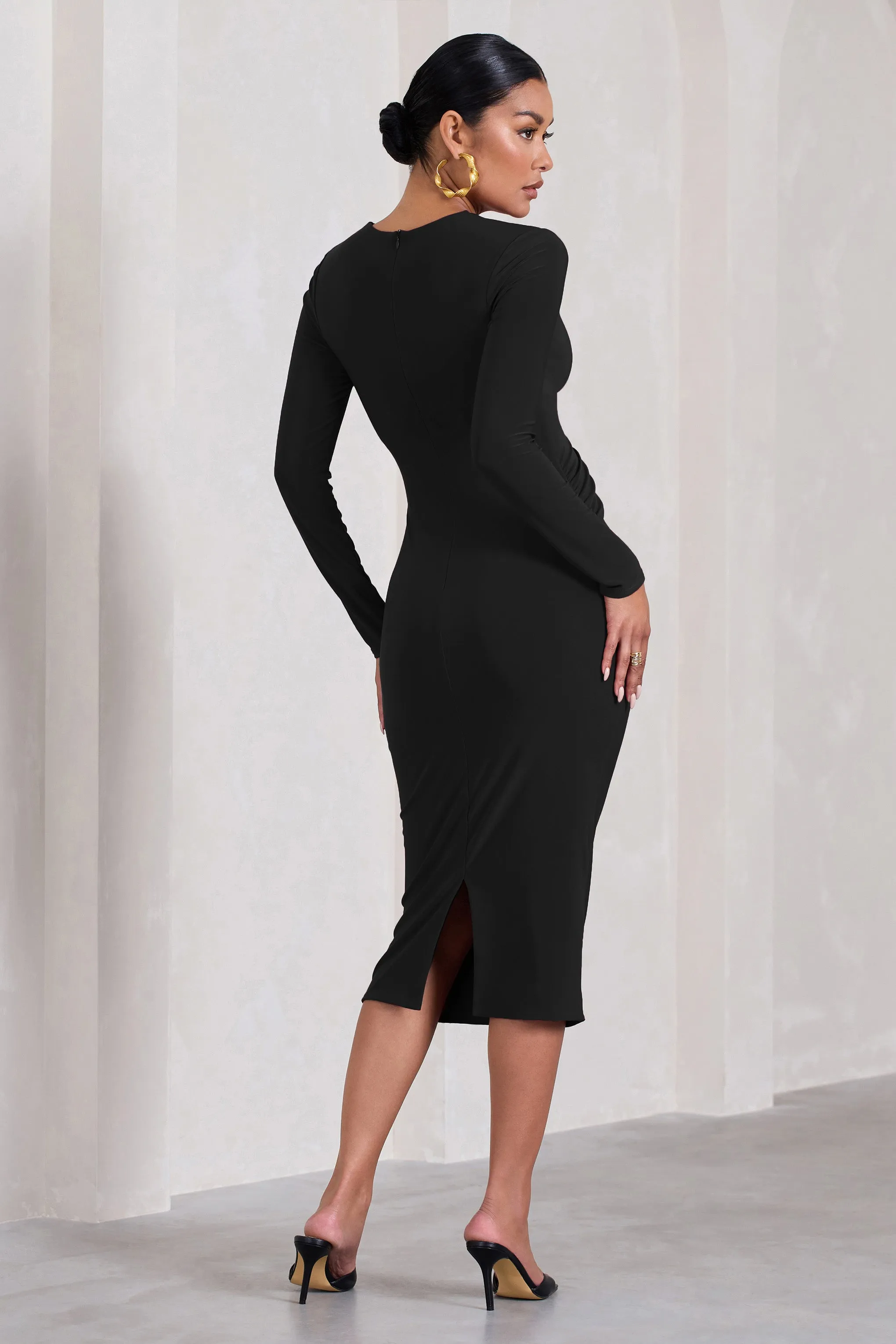 Marcia | Black Bodycon Plunge-Neck Maternity Midi Dress