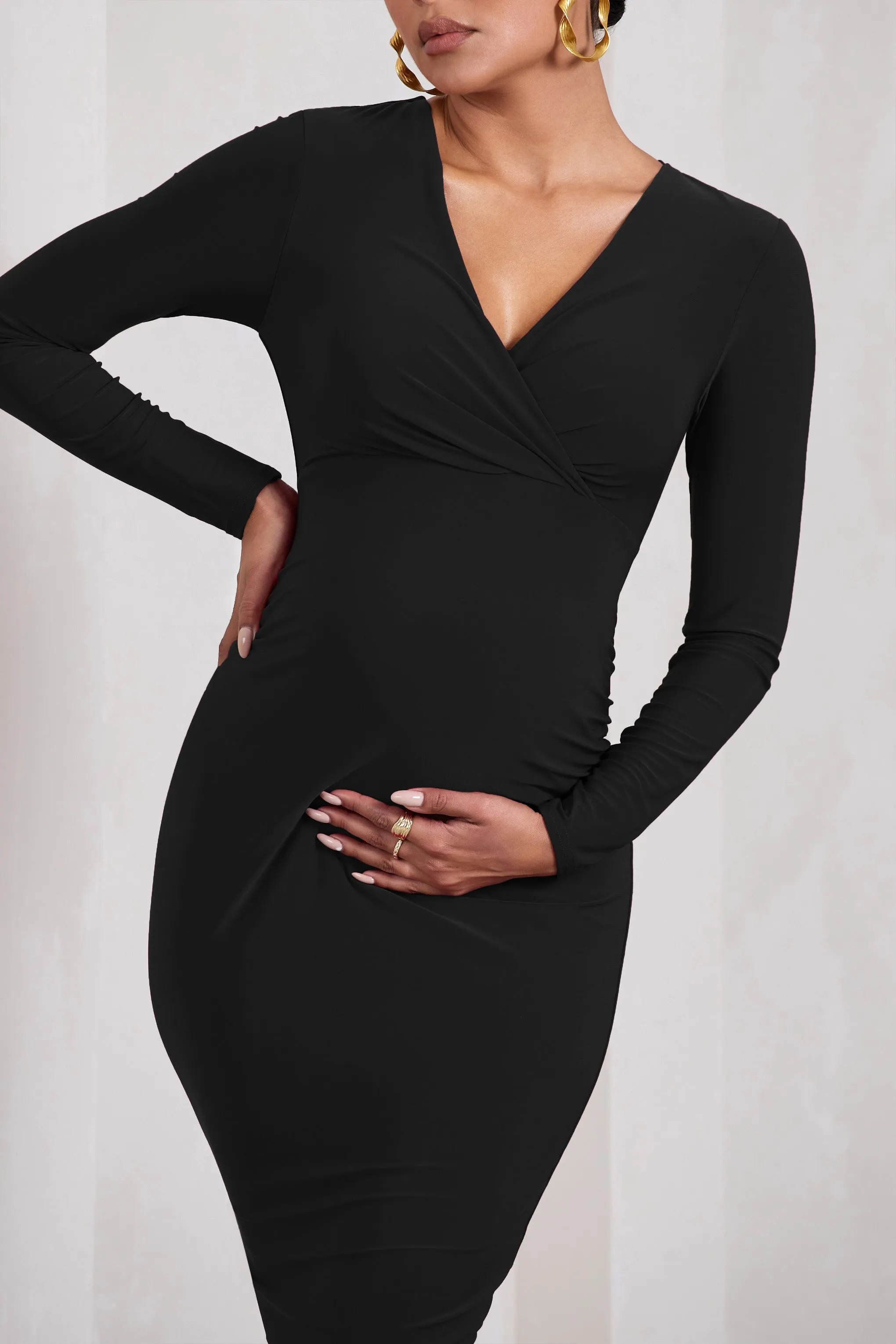 Marcia | Black Bodycon Plunge-Neck Maternity Midi Dress