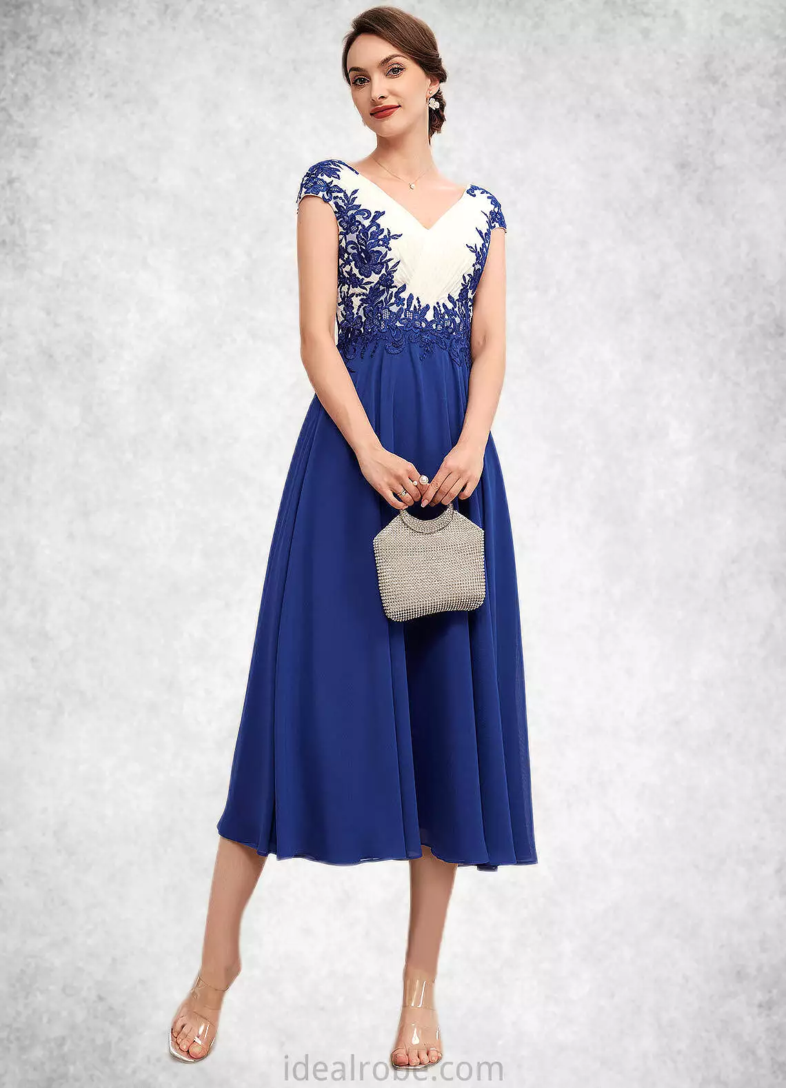 Mareli A-Line V-neck Tea-Length Chiffon Mother of the Bride Dress With Ruffle Lace STK126P0014677