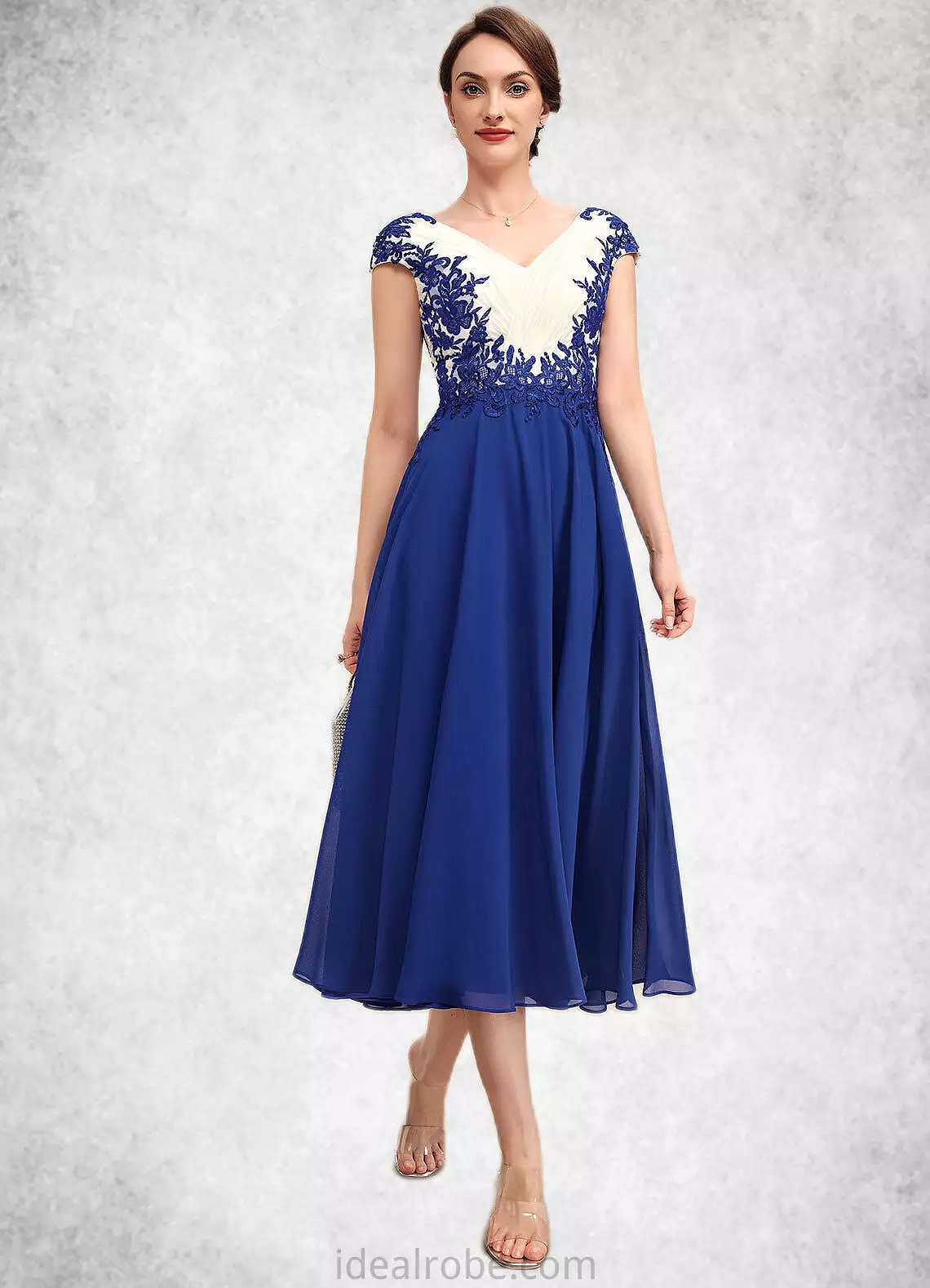 Mareli A-Line V-neck Tea-Length Chiffon Mother of the Bride Dress With Ruffle Lace STK126P0014677