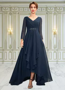 Marissa A-Line V-neck Asymmetrical Chiffon Mother of the Bride Dress With Ruffle Beading Bow(s) STK126P0015021