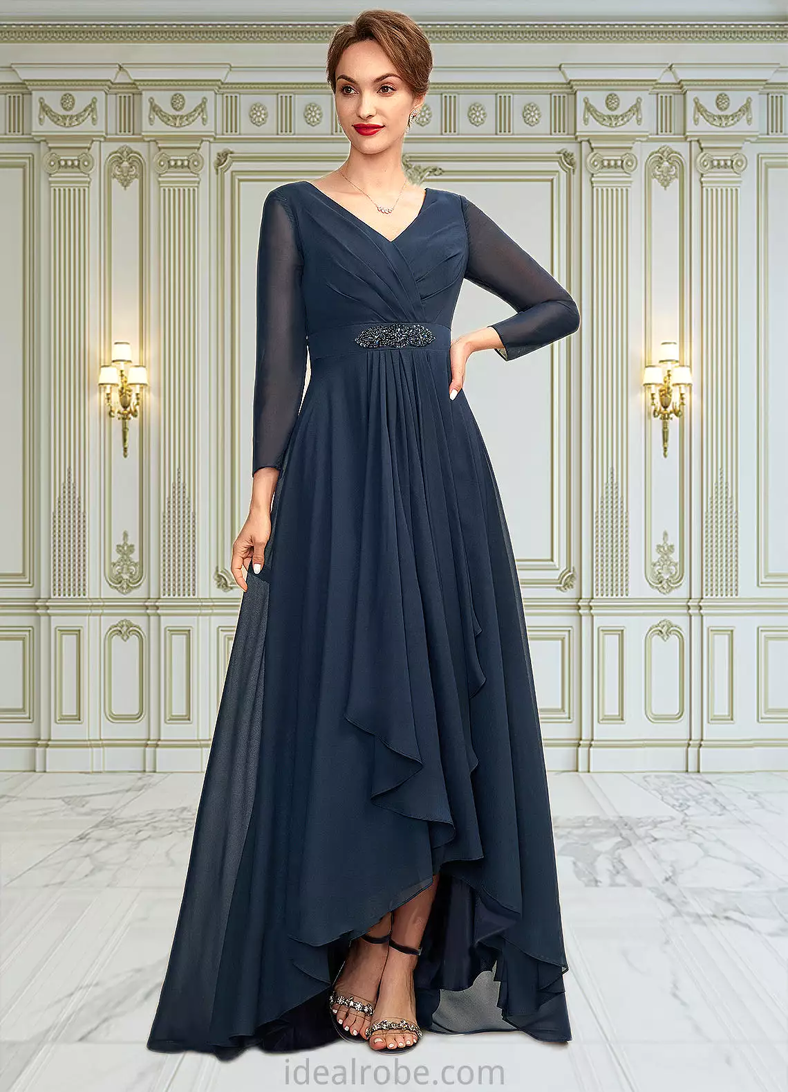 Marissa A-Line V-neck Asymmetrical Chiffon Mother of the Bride Dress With Ruffle Beading Bow(s) STK126P0015021