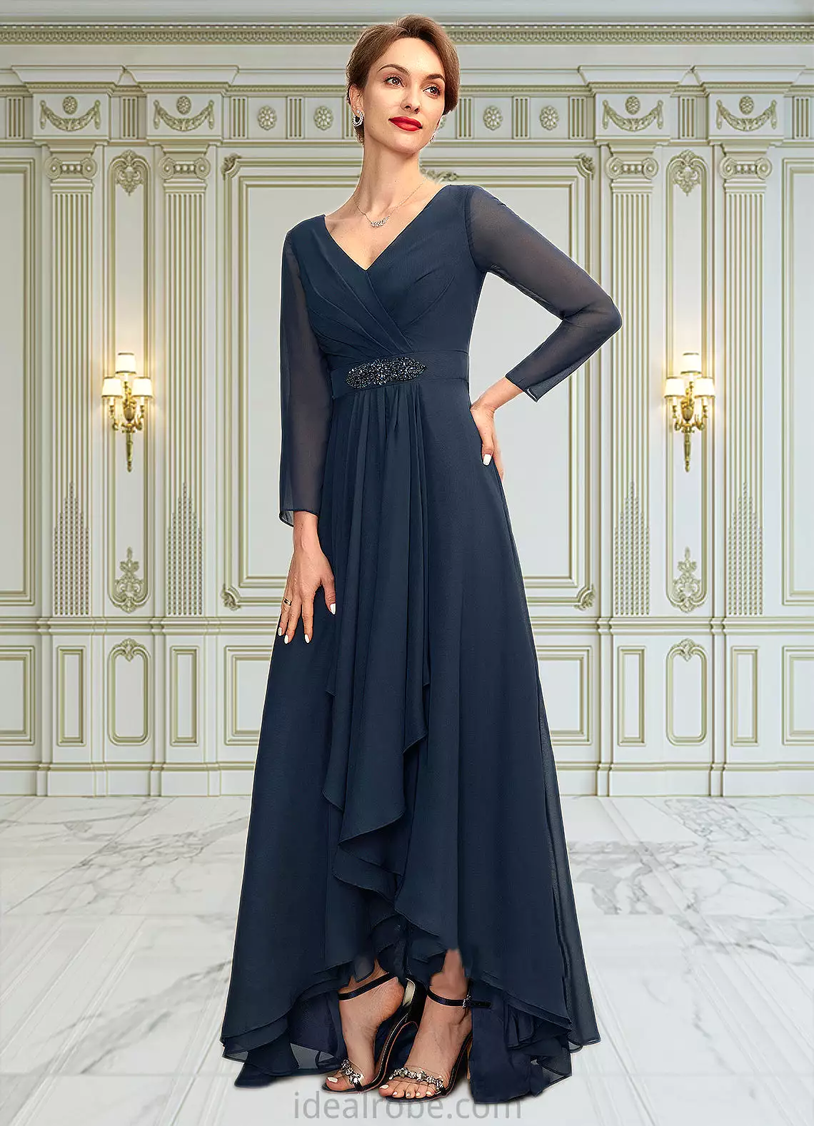 Marissa A-Line V-neck Asymmetrical Chiffon Mother of the Bride Dress With Ruffle Beading Bow(s) STK126P0015021