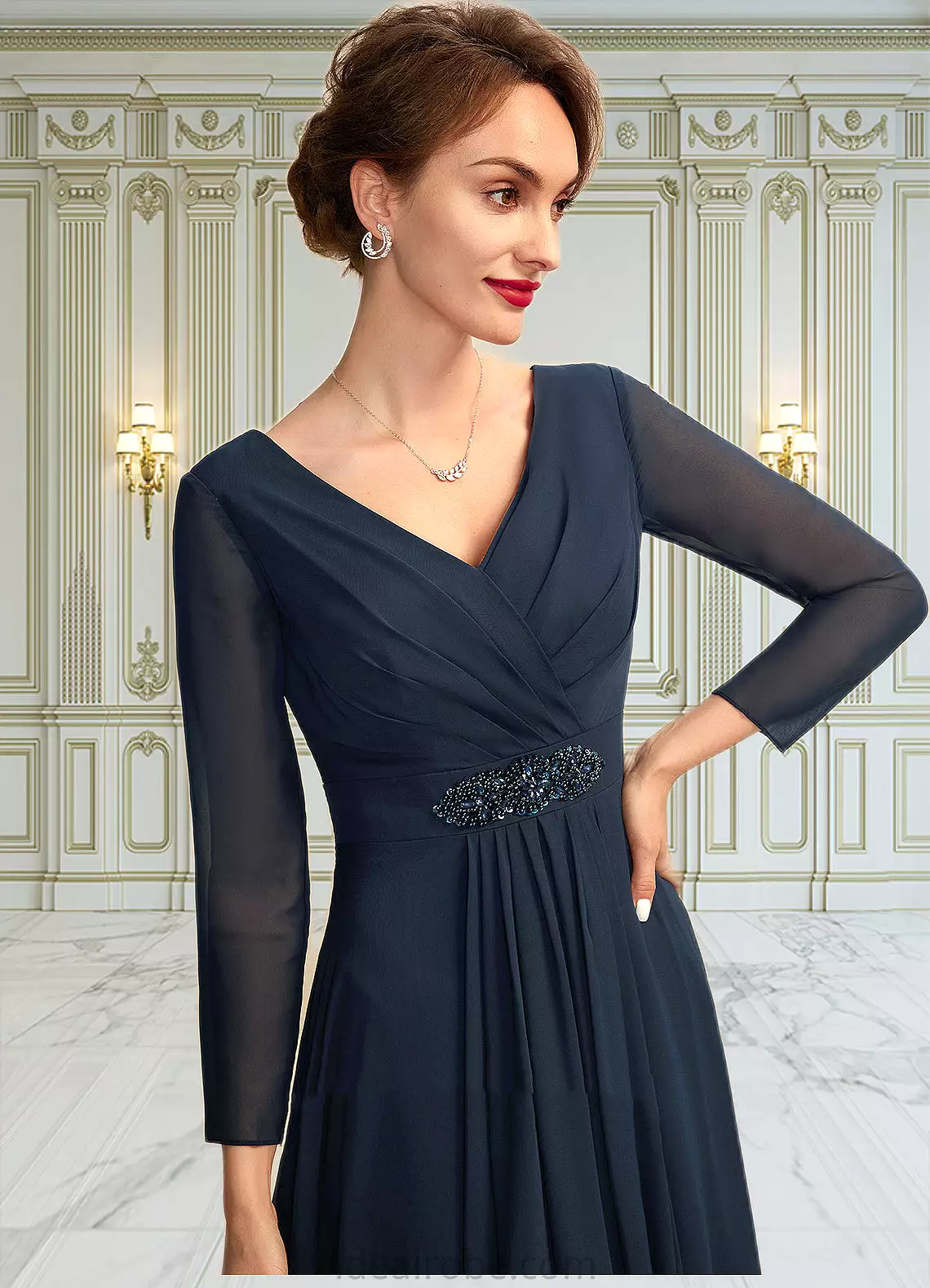 Marissa A-Line V-neck Asymmetrical Chiffon Mother of the Bride Dress With Ruffle Beading Bow(s) STK126P0015021