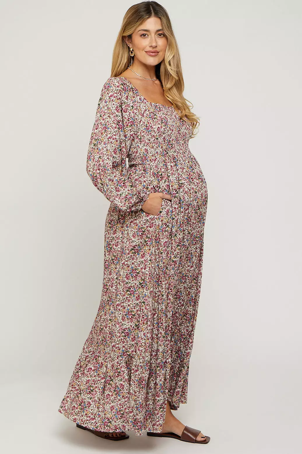 Mauve Floral Long Sleeve Maternity Maxi Dress