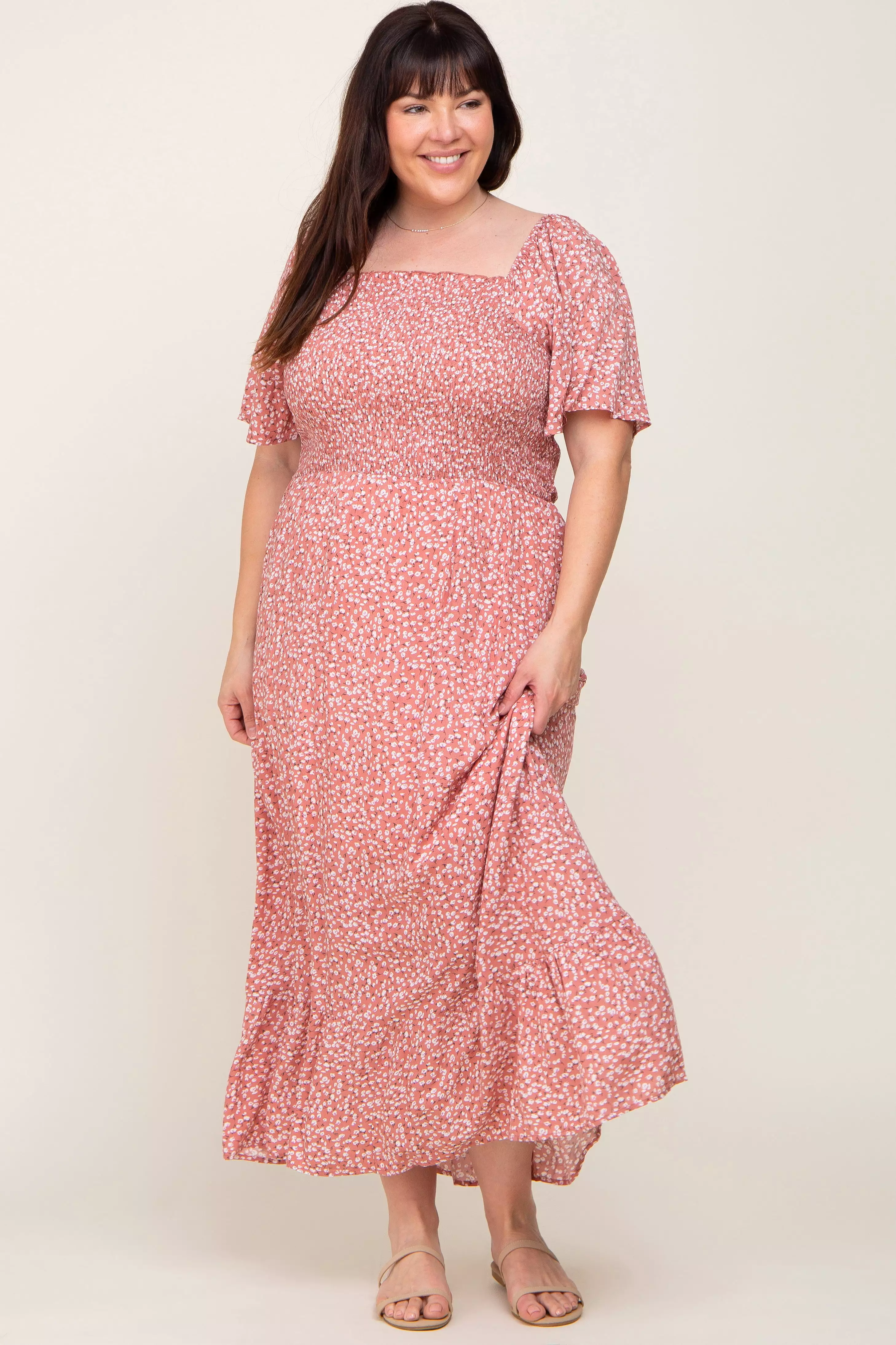 Mauve Floral Smocked Flounce Sleeve Maternity Plus Maxi Dress