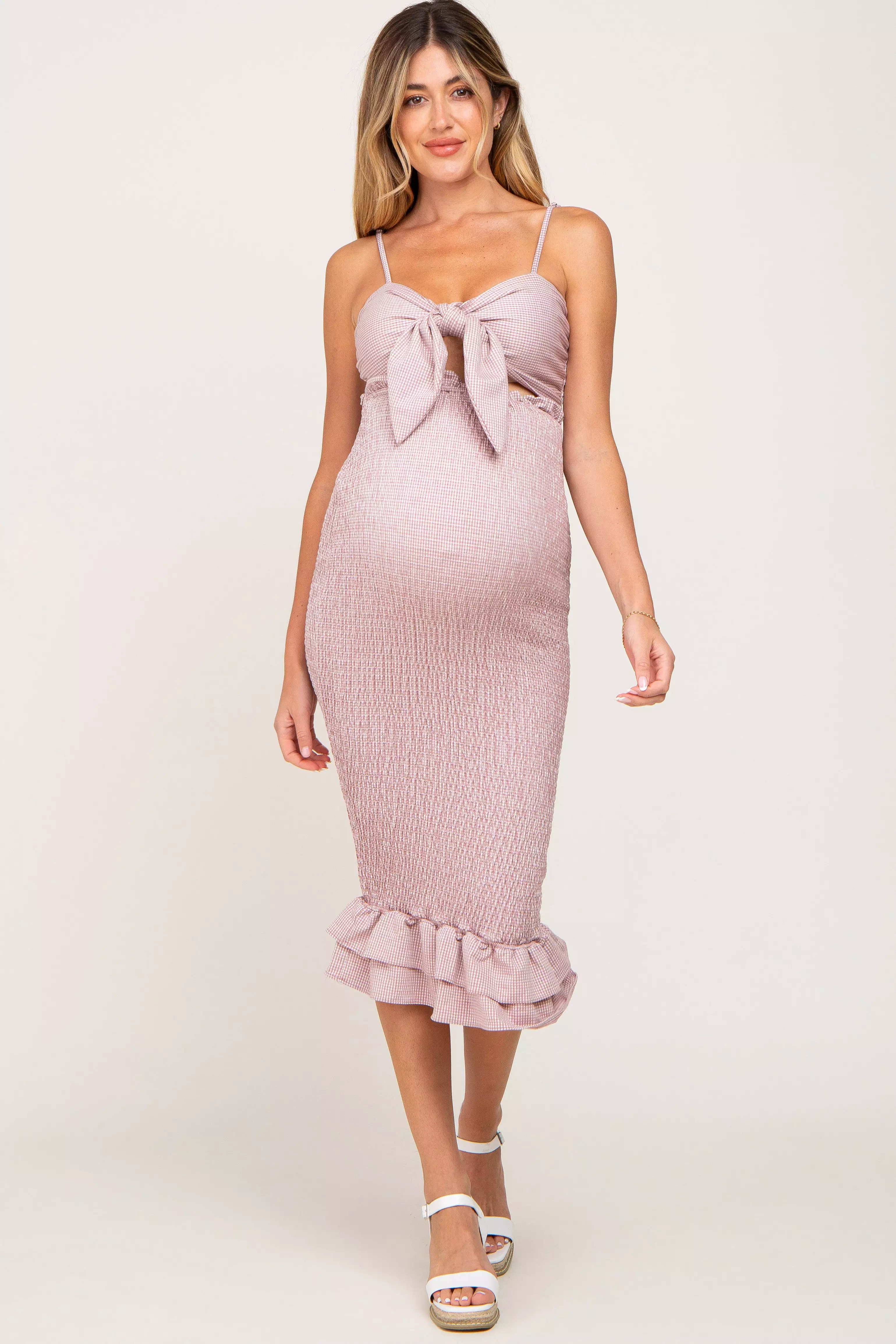 Mauve Gingham Print Smocked Fitted Self-Tie Maternity Midi Dress