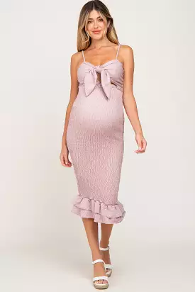 Mauve Gingham Print Smocked Fitted Self-Tie Maternity Midi Dress