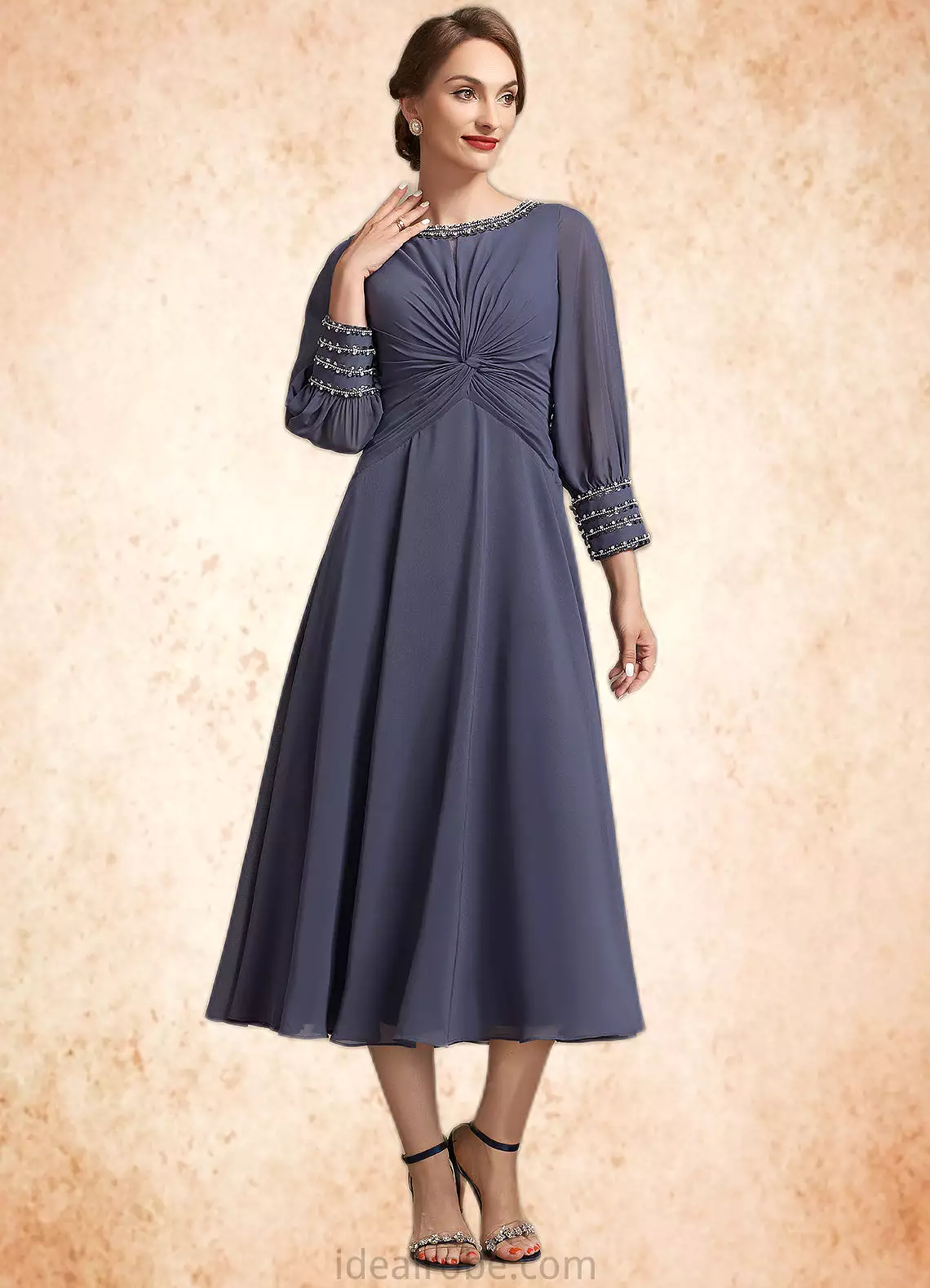 Maya A-Line Scoop Neck Tea-Length Chiffon Mother of the Bride Dress With Ruffle Beading STK126P0014718