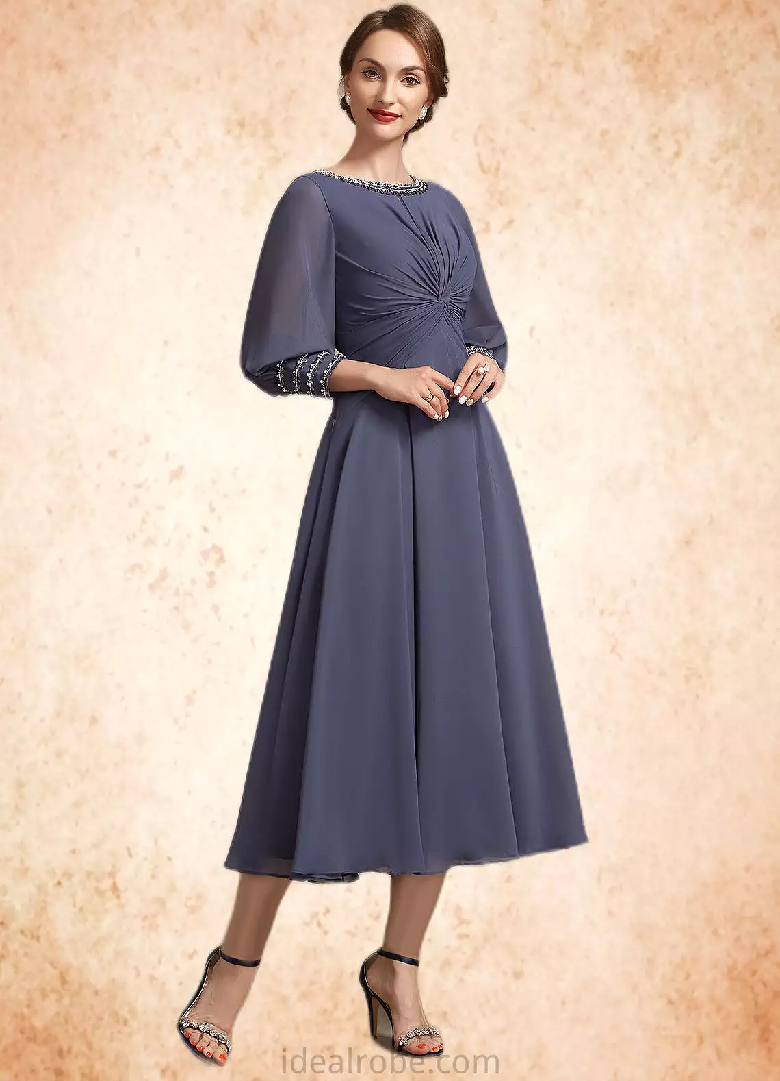 Maya A-Line Scoop Neck Tea-Length Chiffon Mother of the Bride Dress With Ruffle Beading STK126P0014718