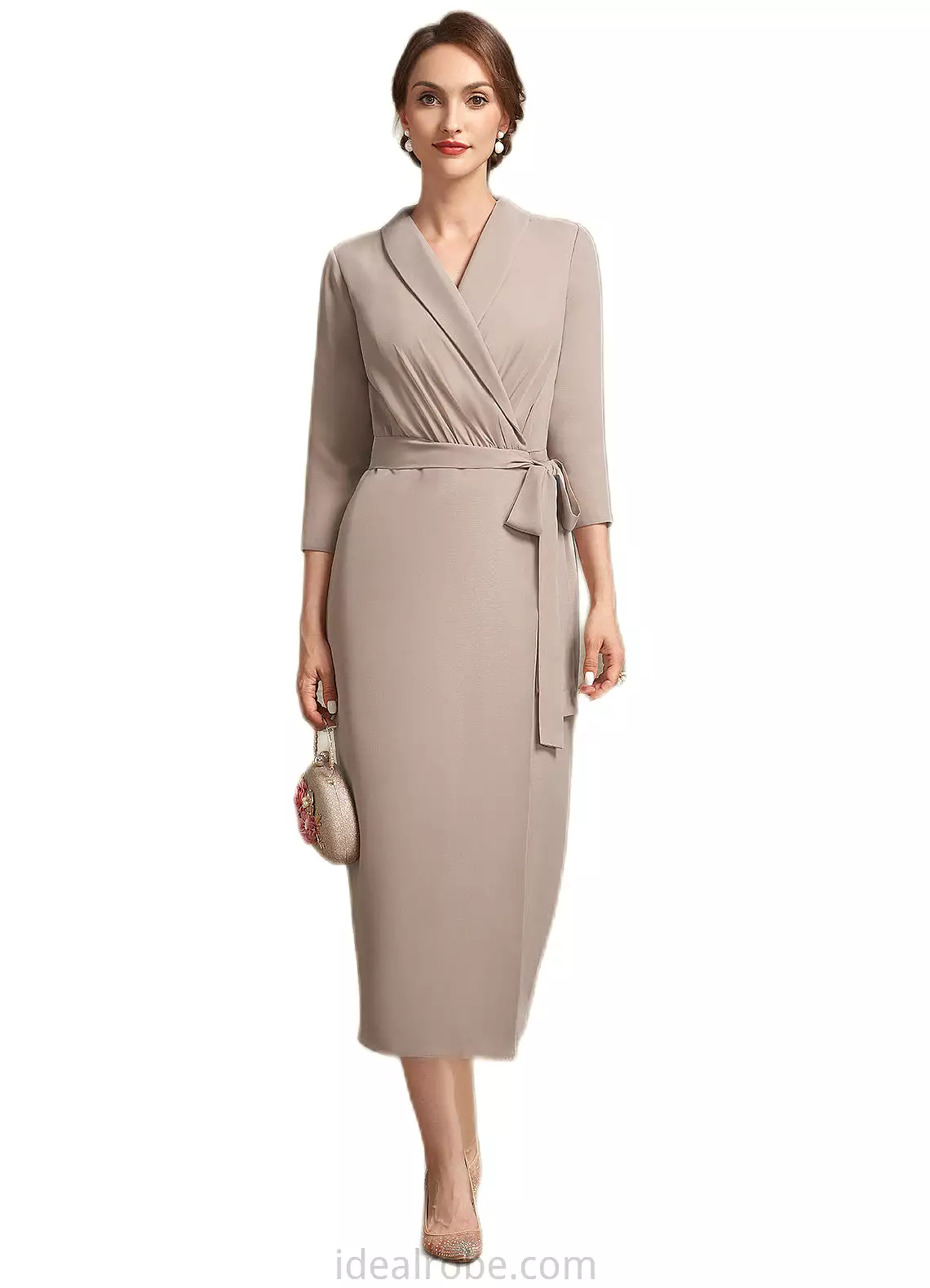 Melany Sheath/Column V-neck Tea-Length Chiffon Mother of the Bride Dress With Bow(s) STK126P0014891