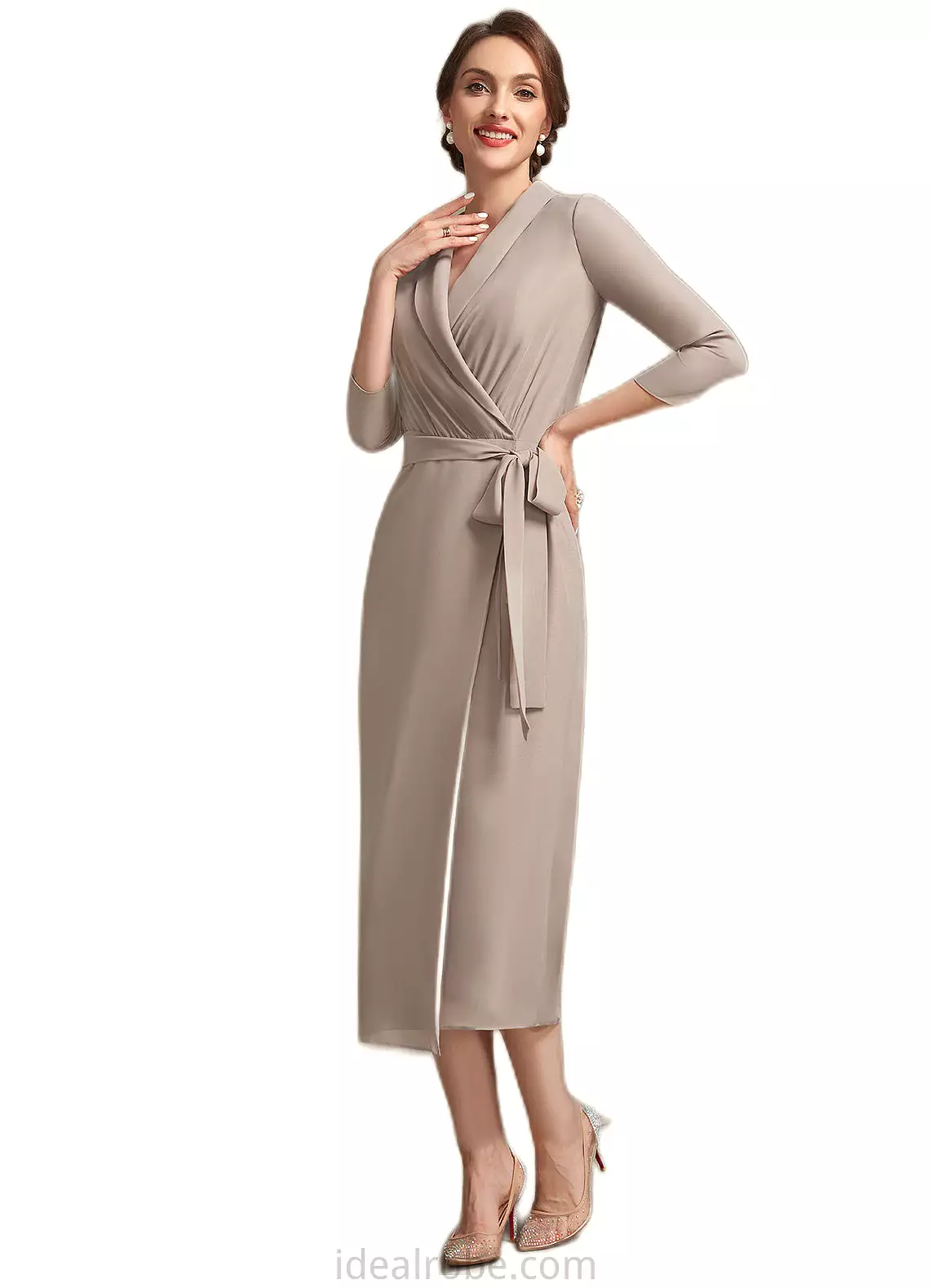 Melany Sheath/Column V-neck Tea-Length Chiffon Mother of the Bride Dress With Bow(s) STK126P0014891