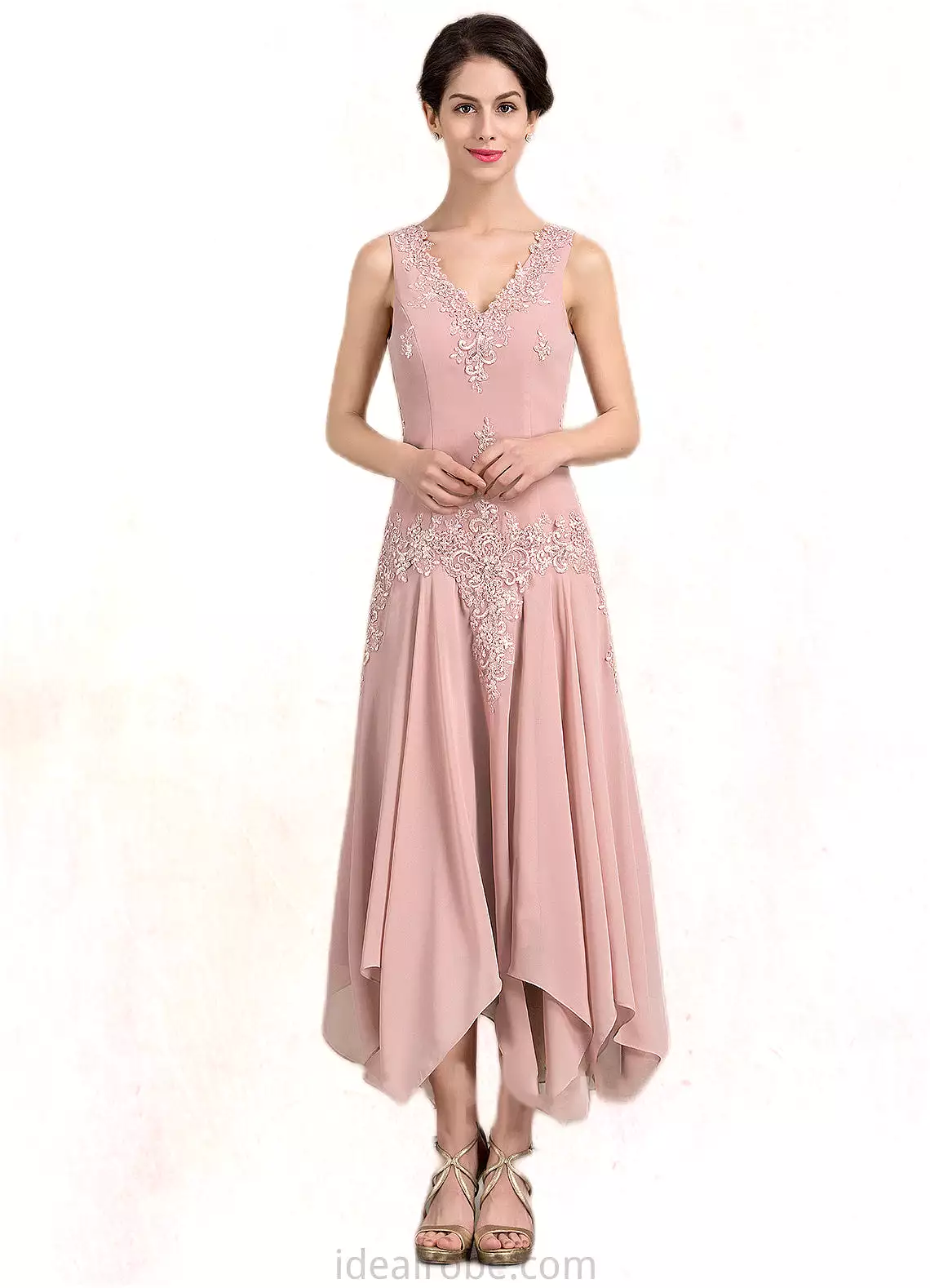 Milagros A-Line V-neck Ankle-Length Chiffon Mother of the Bride Dress With Appliques Lace Sequins STK126P0014855