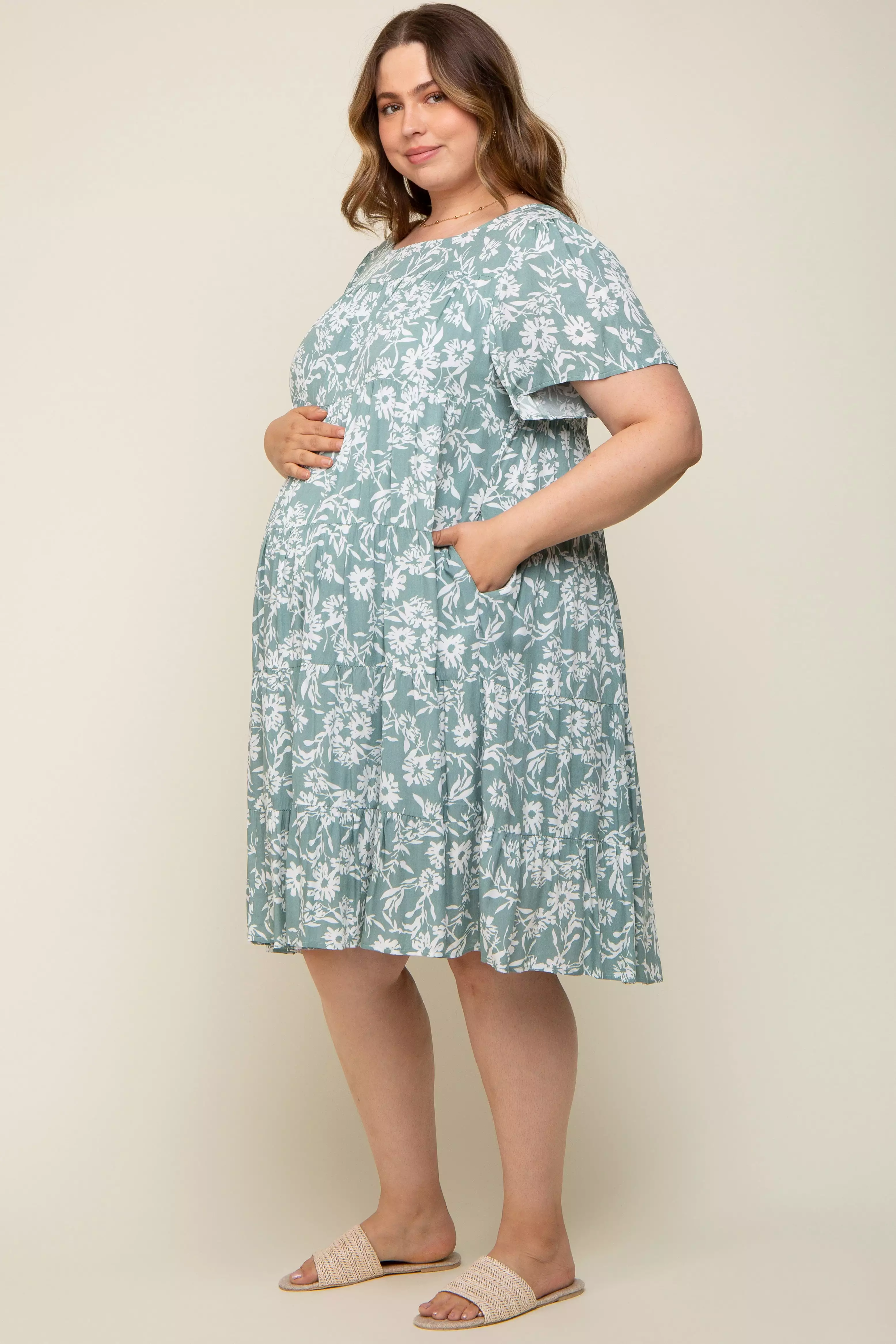 Mint Green Floral Tiered Short Sleeve Maternity Plus Midi Dress