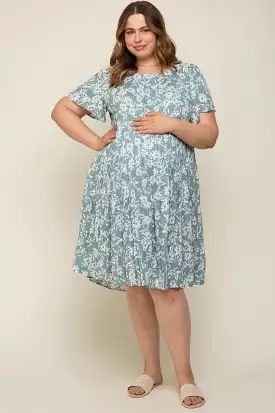 Mint Green Floral Tiered Short Sleeve Maternity Plus Midi Dress