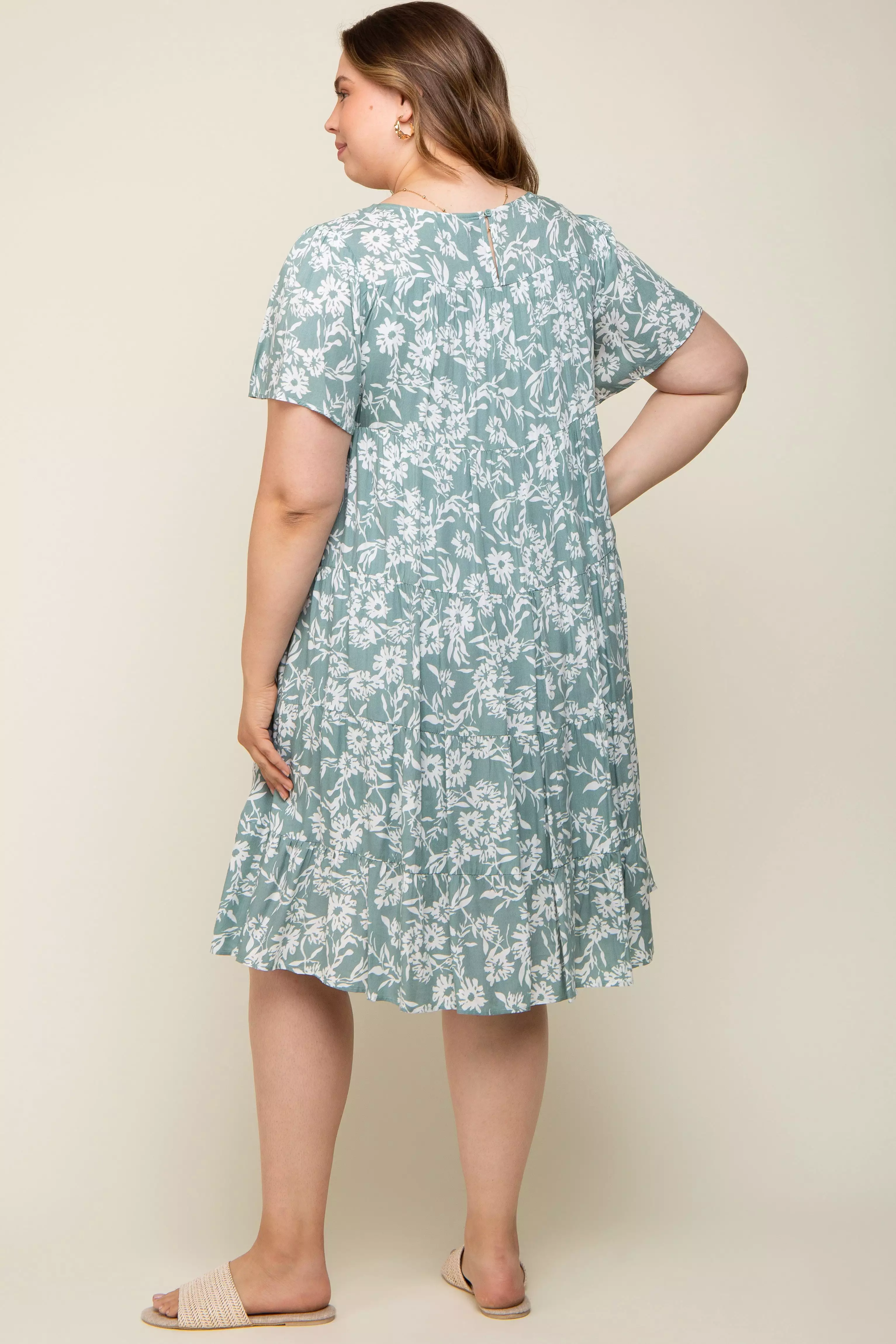 Mint Green Floral Tiered Short Sleeve Maternity Plus Midi Dress