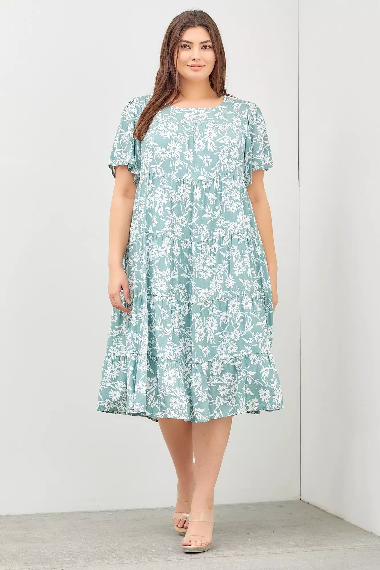 Mint Green Floral Tiered Short Sleeve Maternity Plus Midi Dress