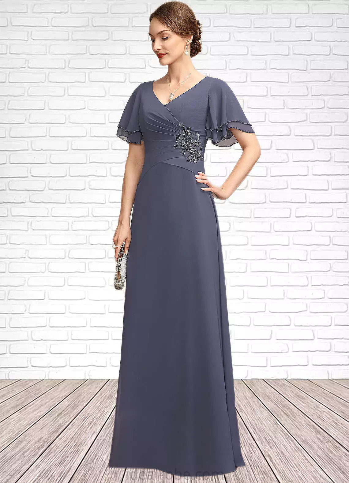 Miya A-Line V-neck Floor-Length Chiffon Mother of the Bride Dress With Ruffle Beading STK126P0014737