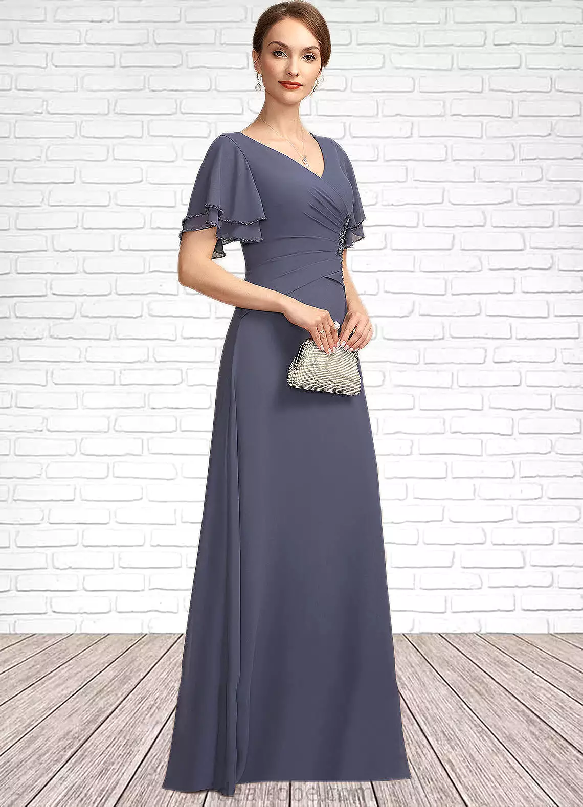 Miya A-Line V-neck Floor-Length Chiffon Mother of the Bride Dress With Ruffle Beading STK126P0014737