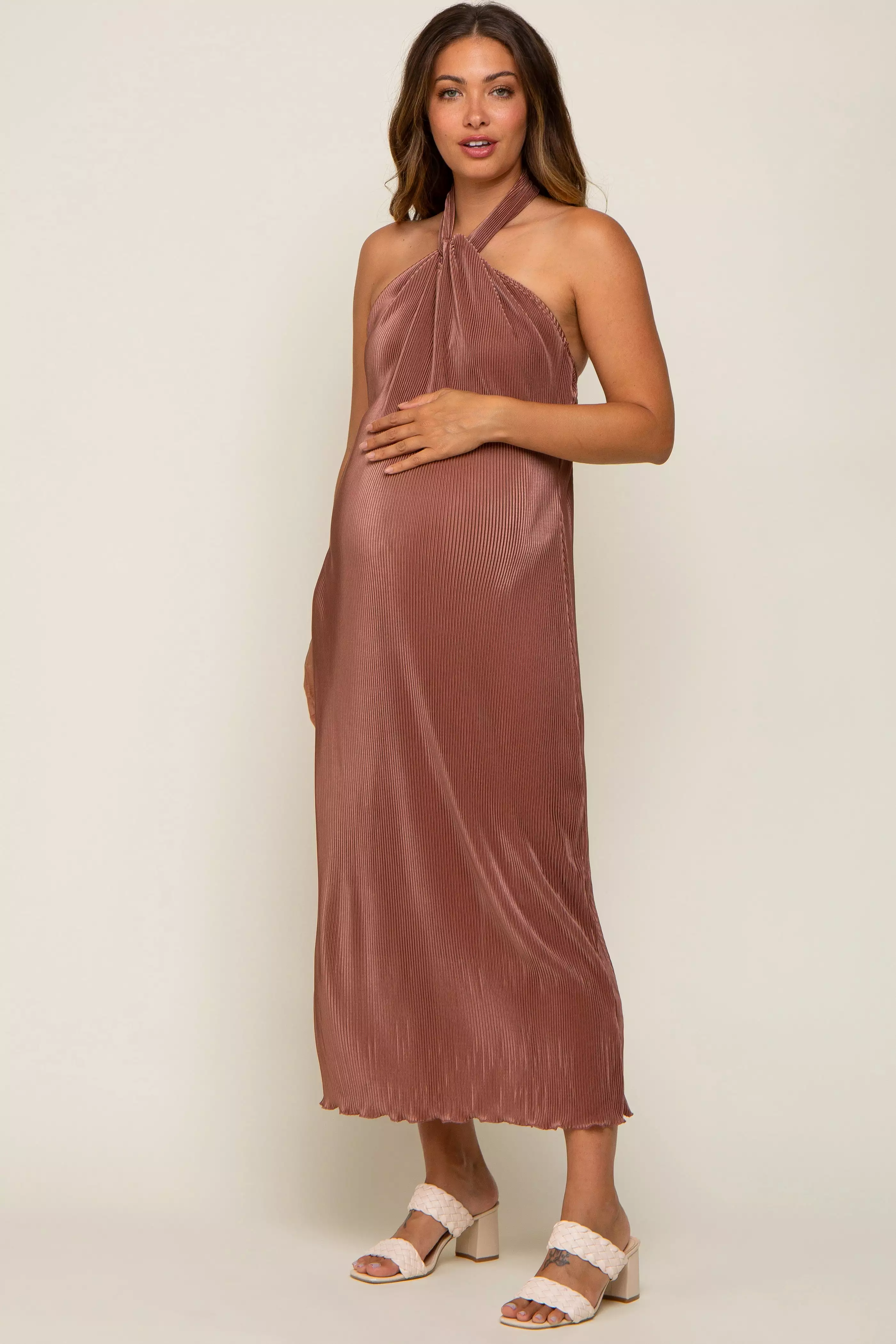 Mocha Knot Front Plisse Halter Maternity Midi Dress