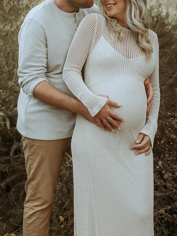 Momnfancy Apricot Cut Out Long Sleeve Photoshoot Crochet Maternity Maxi Dress