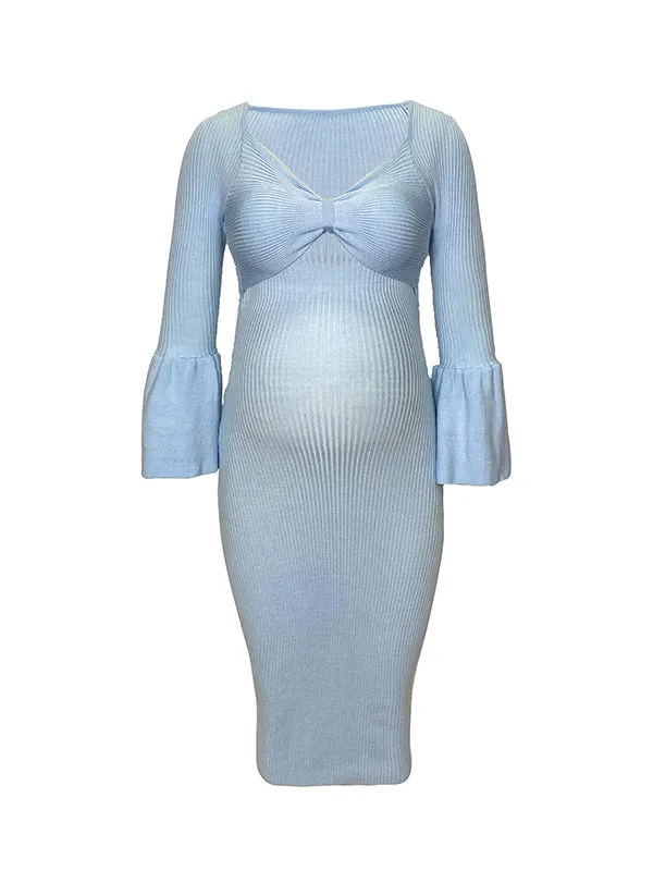 Momnfancy Blue Bodycon Bowknot Flare Sleeve Elegant Babyshower Maternity Photoshoot Maxi Dress