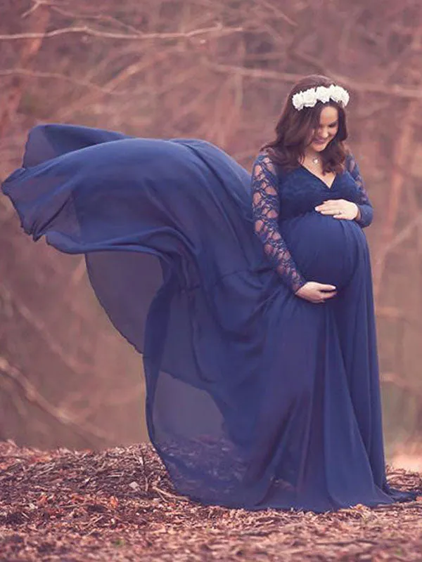 Momnfancy Lace Big Swing V-neck Long Sleeve Photoshoot Maternity Maxi Dress