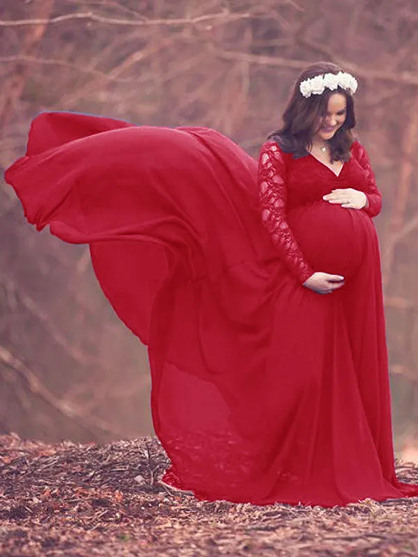 Momnfancy Lace Big Swing V-neck Long Sleeve Photoshoot Maternity Maxi Dress