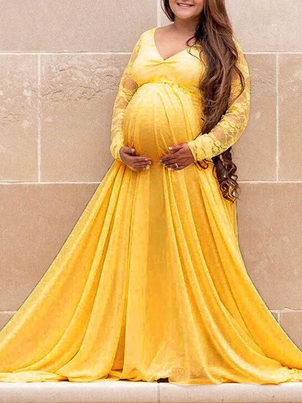 Momnfancy Lace Big Swing V-neck Long Sleeve Photoshoot Maternity Maxi Dress