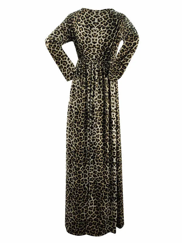 Momnfancy Leopard Print Round Neck Long Sleeve High Waisted Party Maternity Dress