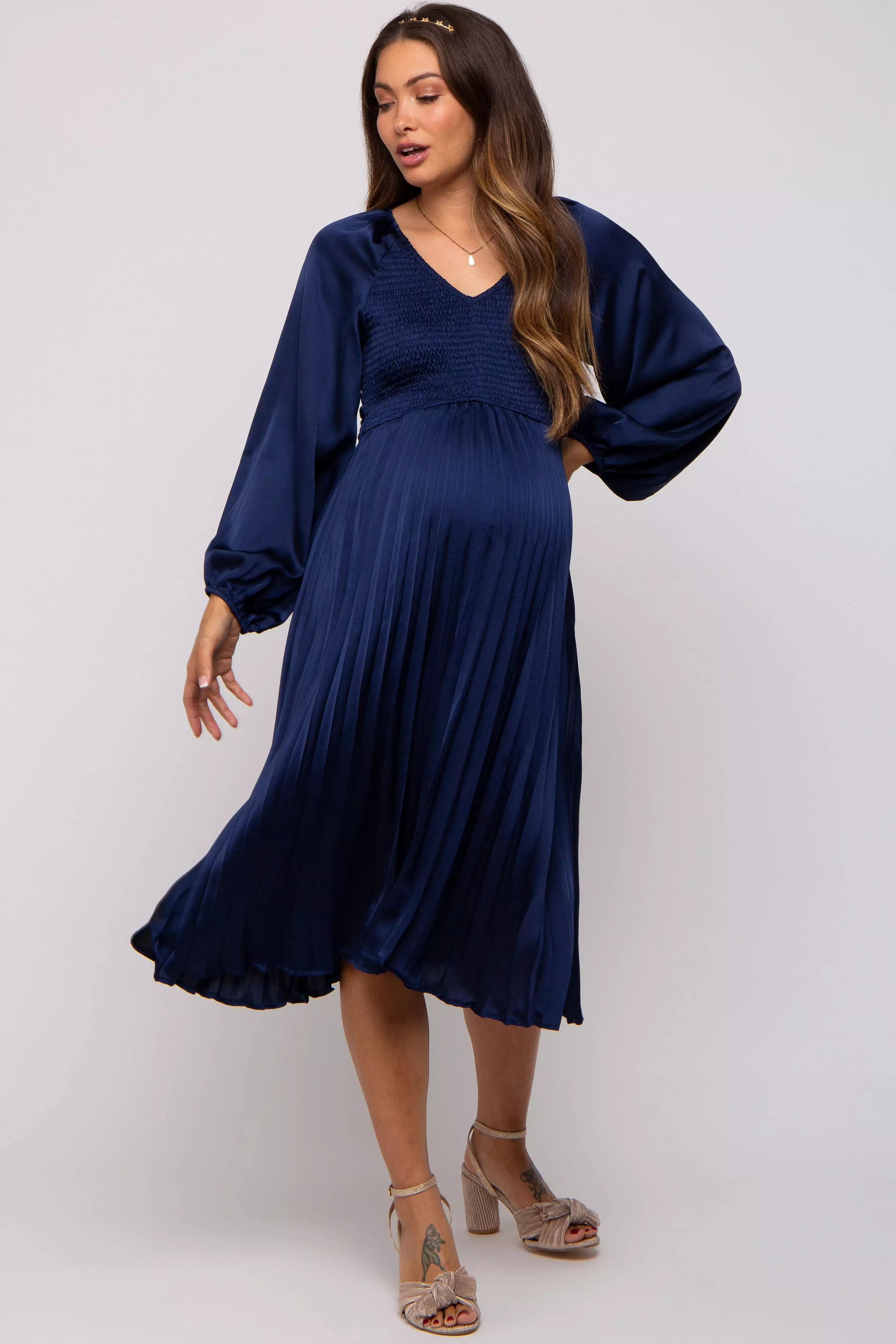 Navy Satin Smocked and Pleated Maternity Midi Dress