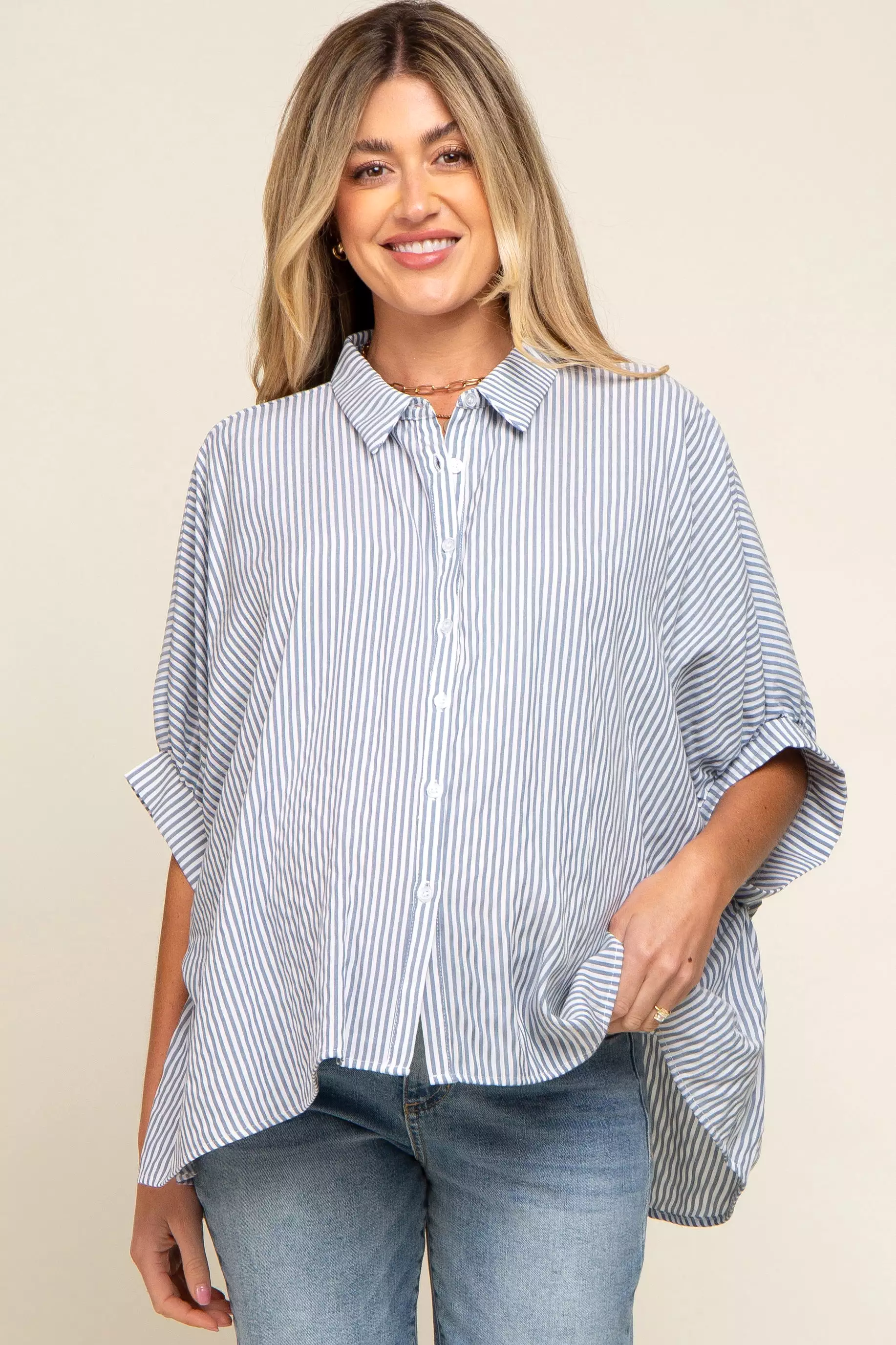 Navy Striped Dolman Button Down Maternity Top