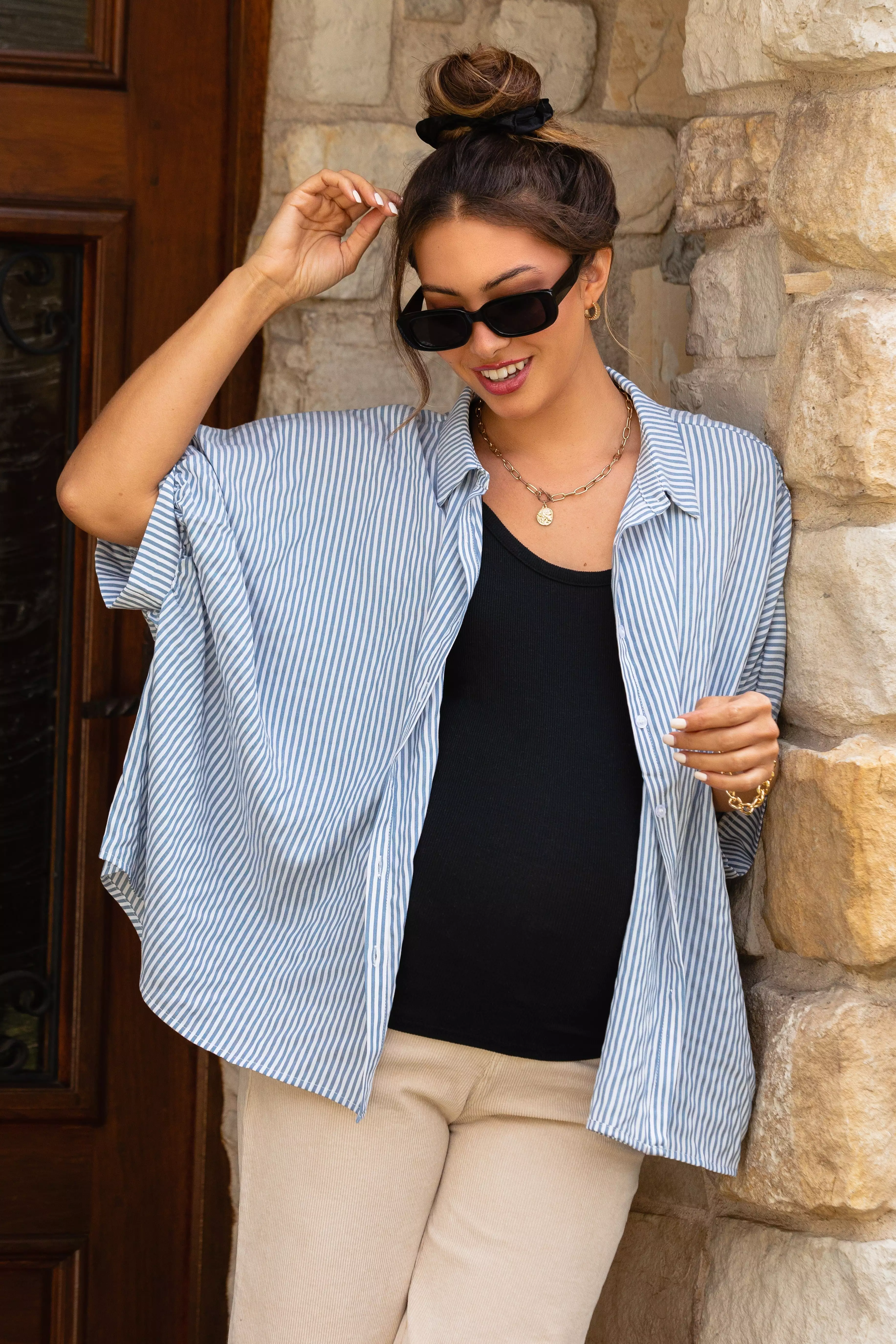 Navy Striped Dolman Button Down Maternity Top