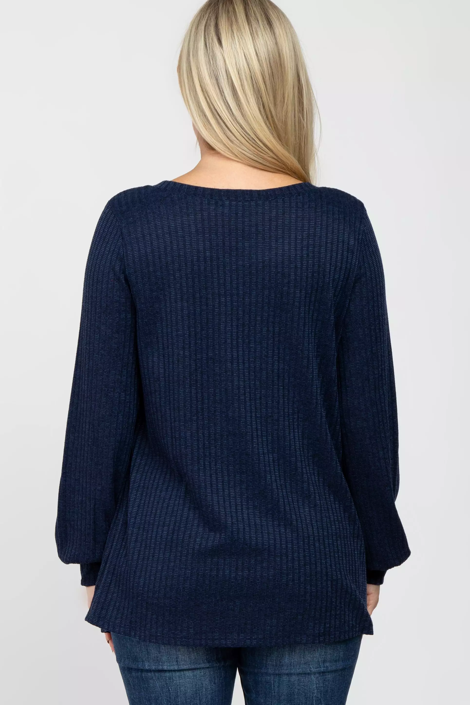 Navy Textured Knit Babydoll Long Sleeve Maternity Top