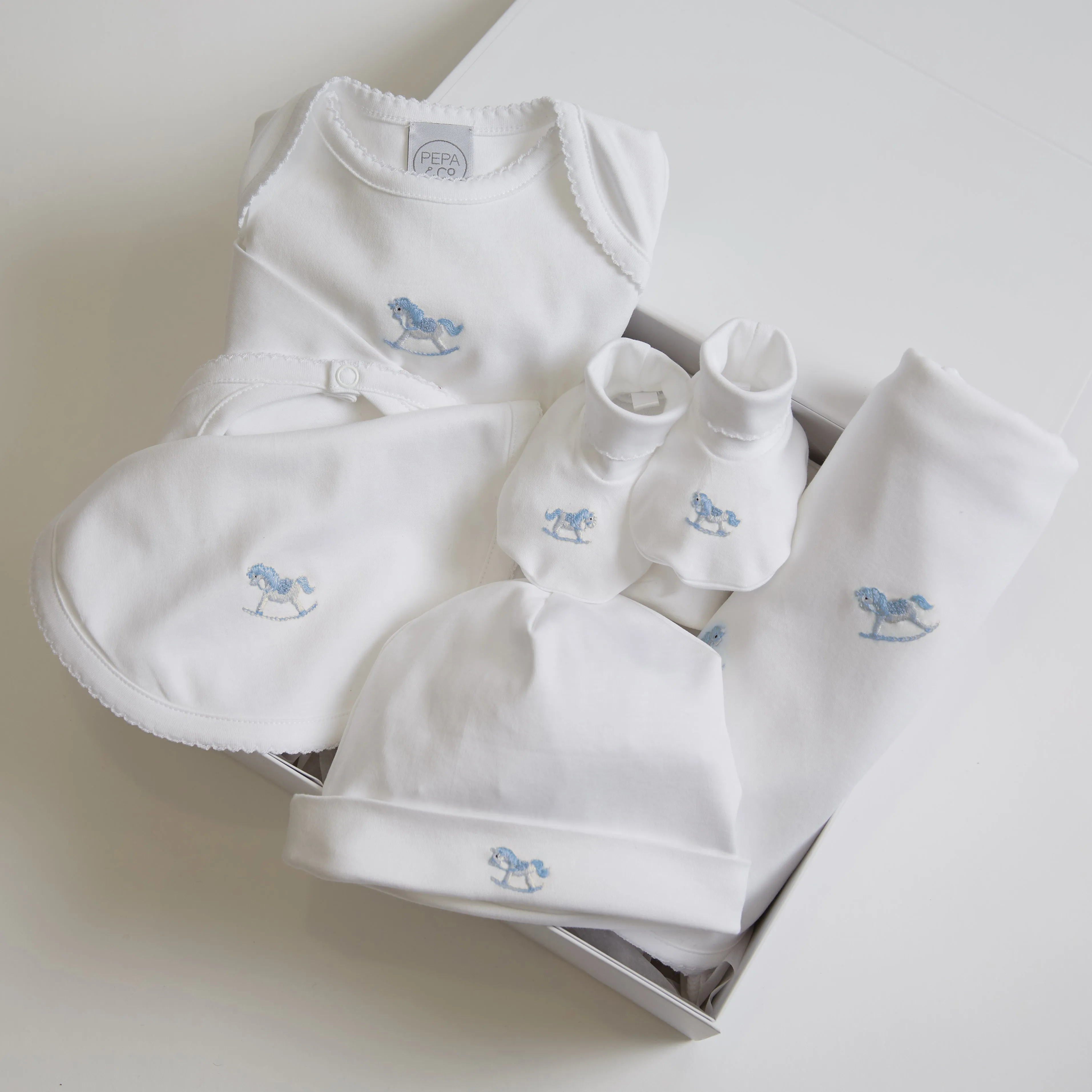 Newborn Bonnet with Rocking Horse Embroidery Blue (0-3mths)