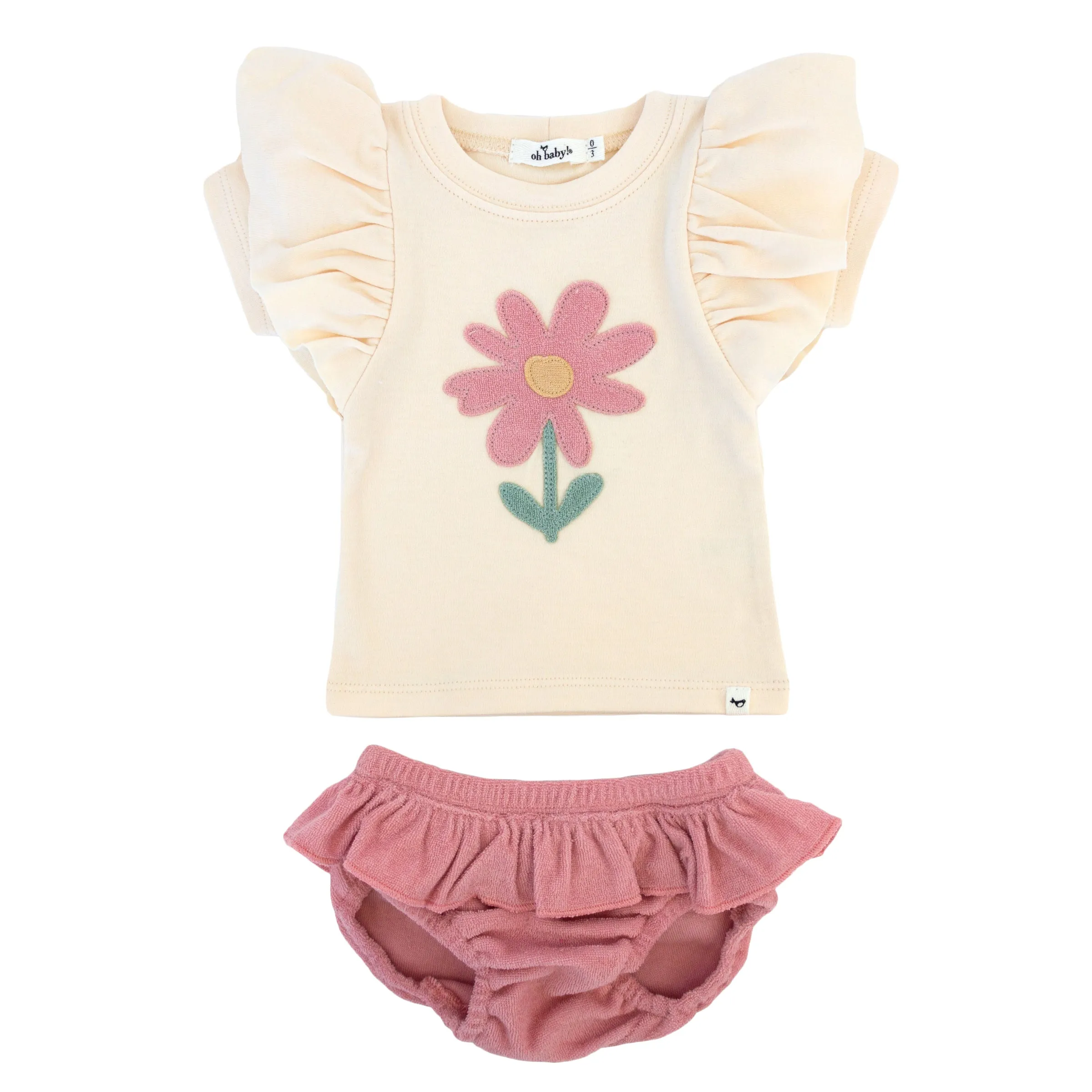 oh baby! Butterfly Short Sleeve Tee with Terry Tushie - Blush Daisy Applique - Blush