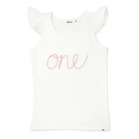 oh baby! Cotton Baby Rib Flutter Sleeve Tank - Birthday One Pink Embroidered - Cream