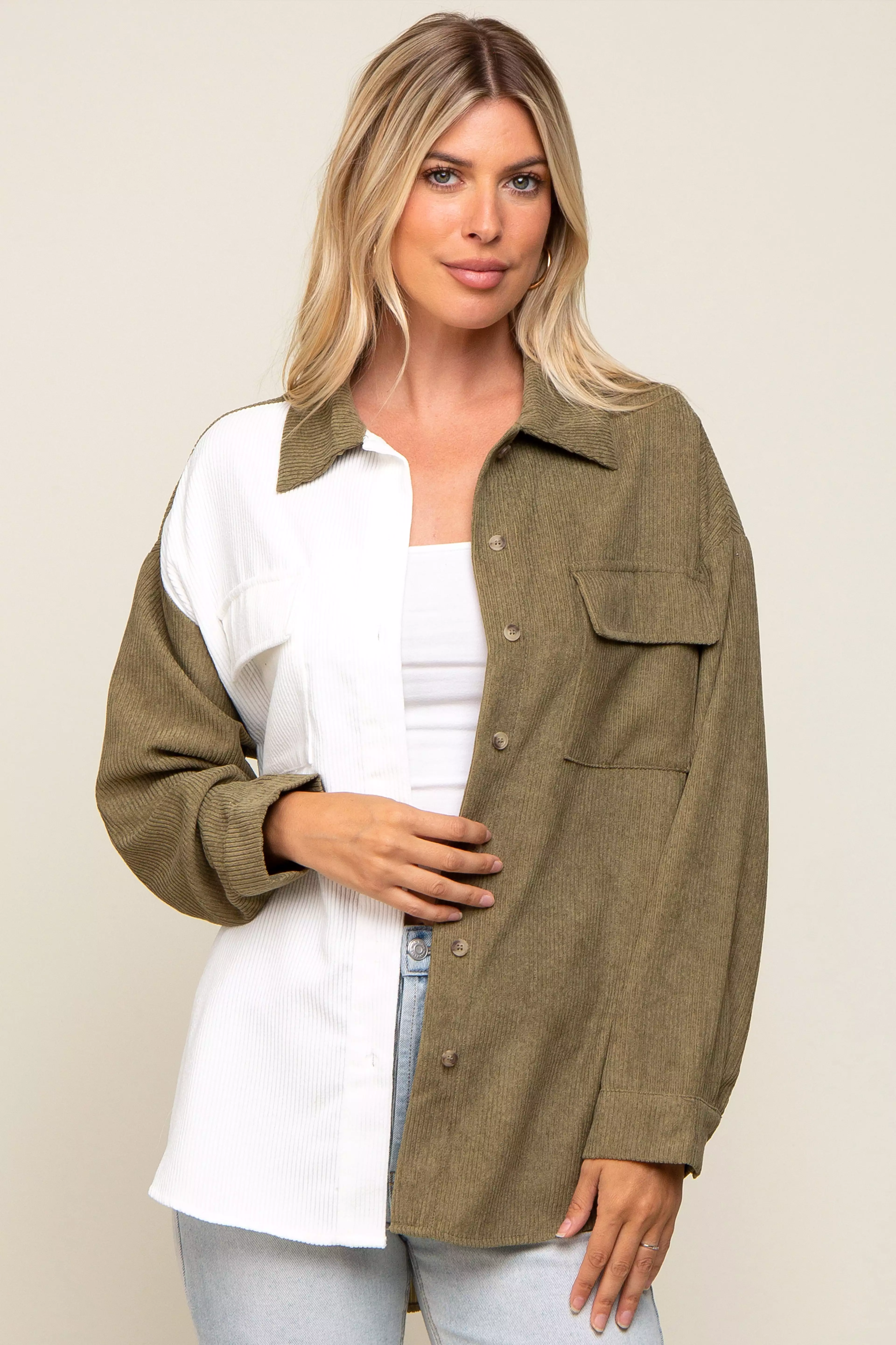 Olive Color Block Corduroy Button Down Maternity Top