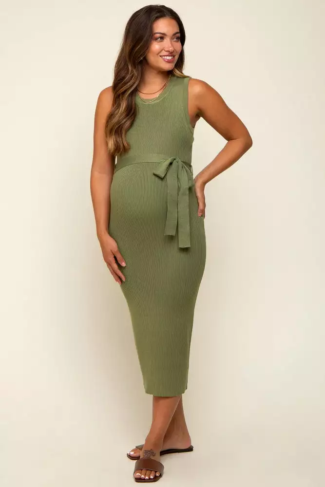 Olive Rib Knit Sleeveless Maternity Midi Dress