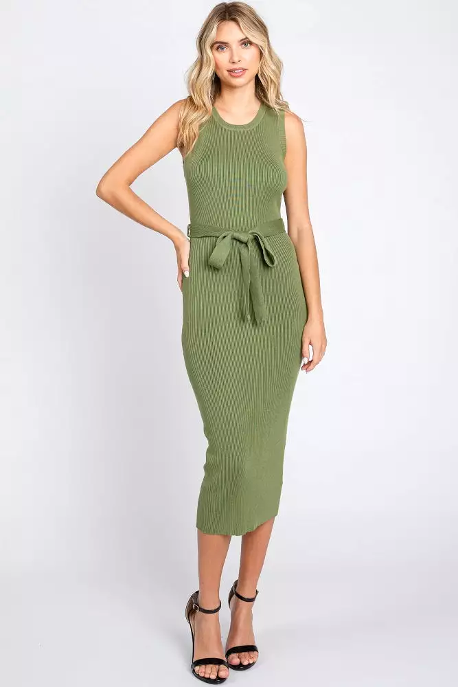 Olive Rib Knit Sleeveless Maternity Midi Dress